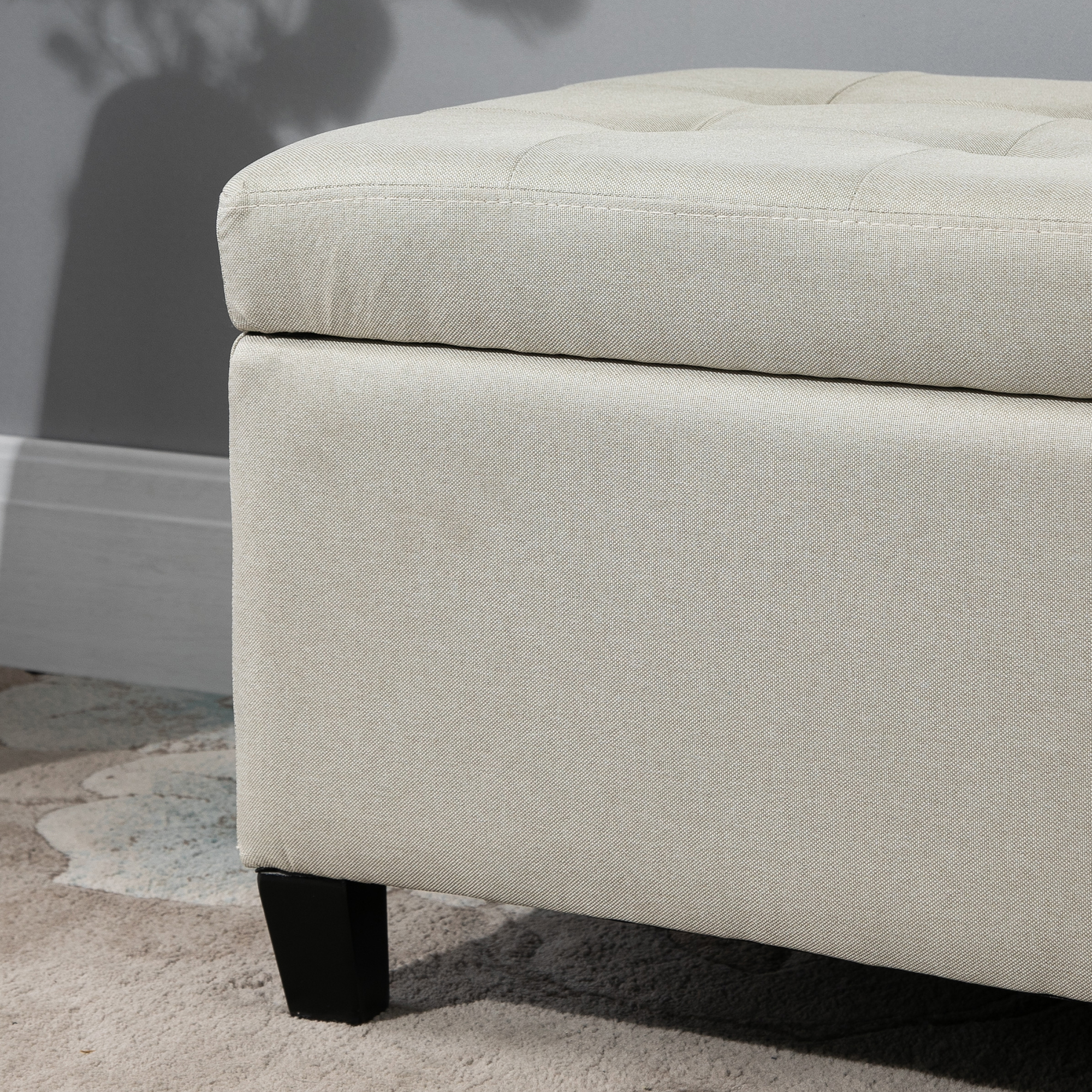 HOMCOM Linen Ottoman Storage Bench, Padded Footrest with Tufted Design, Hinged Lid, Wooden Frame, 125L x 49W x 41.5H cm, Beige