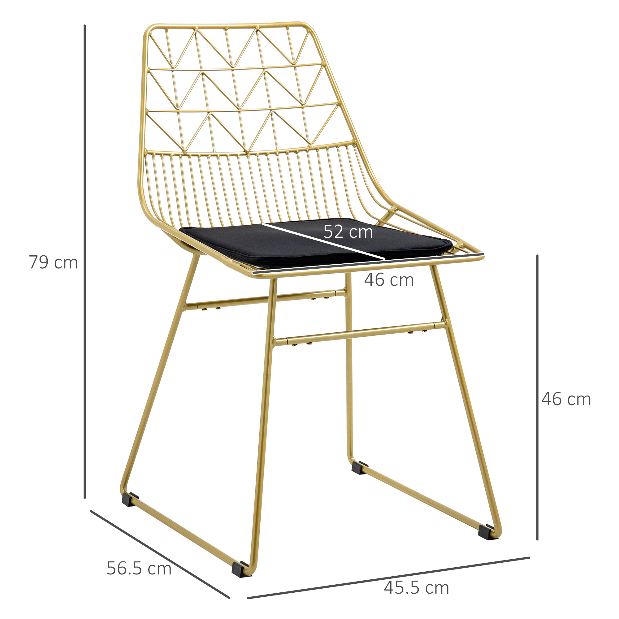 HOMCOM Luxurious Dining Chairs Set of 2, Metal Wire Kitchen Chair with Removable Velvet-feel Cushion, Cut-out Back and Steel Frame