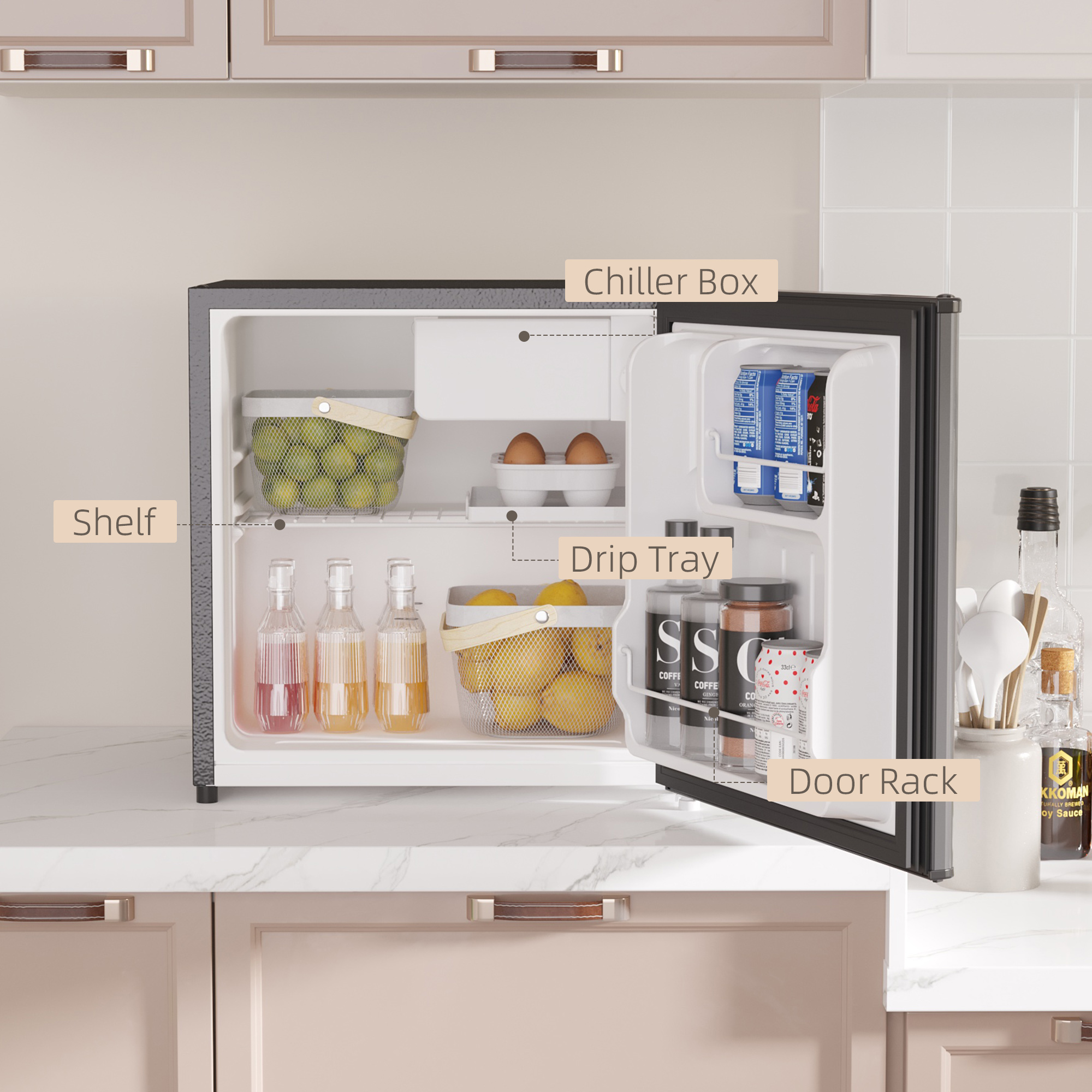 HOMCOM Mini frigo de chambre petit frigo réfrigérateur compact de 46 L avec  température réglable 0 à 10°c, 220-240 V, étagères amovibles et porte  réversible 44,5 x 46,5 x 49,8 cm noir