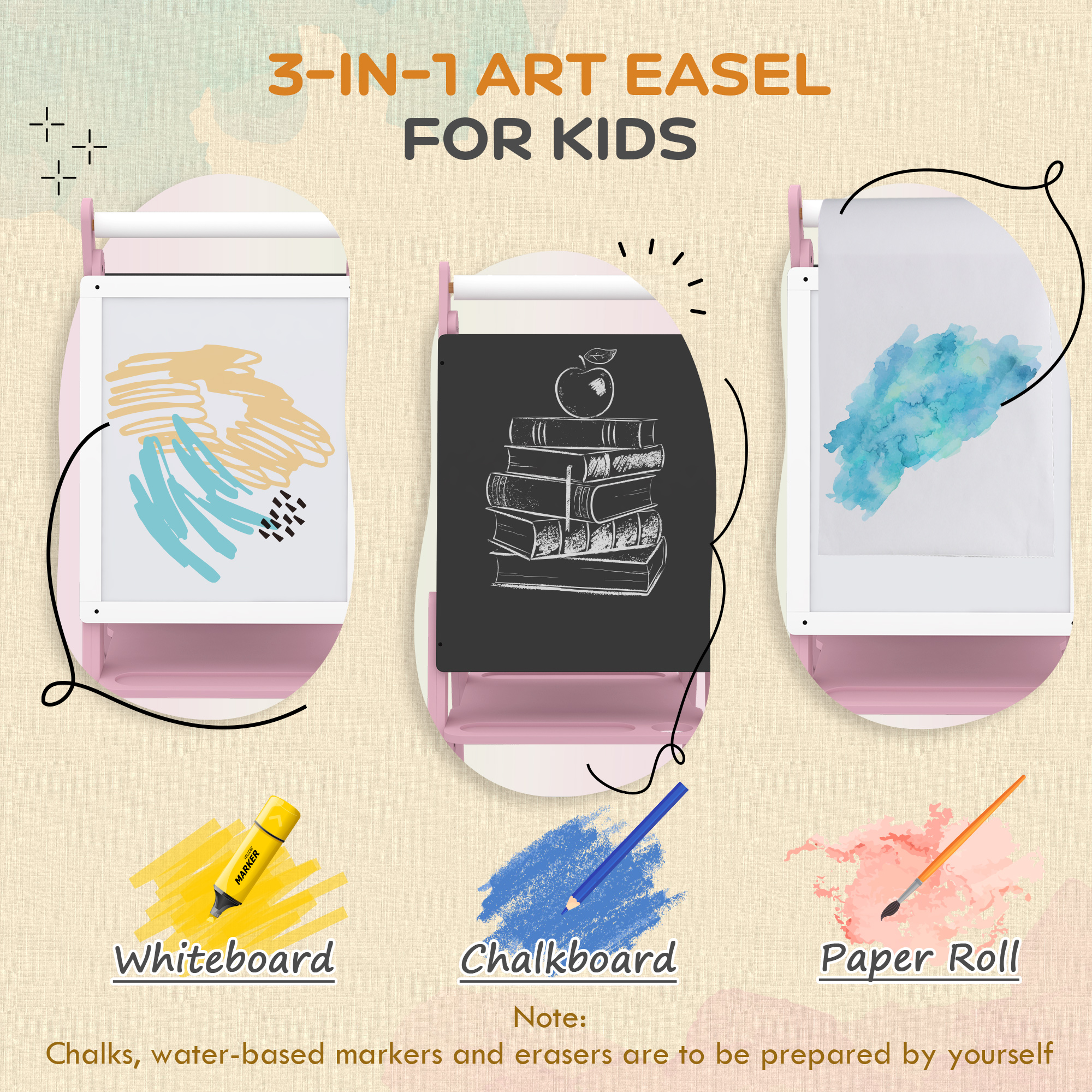 AIYAPLAY Art Easel for Kids with Paper Roll, Height Adjustable Double-Sided Whiteboard Chalkboard, 3 in 1 Easel, for Ages 3-6 Years