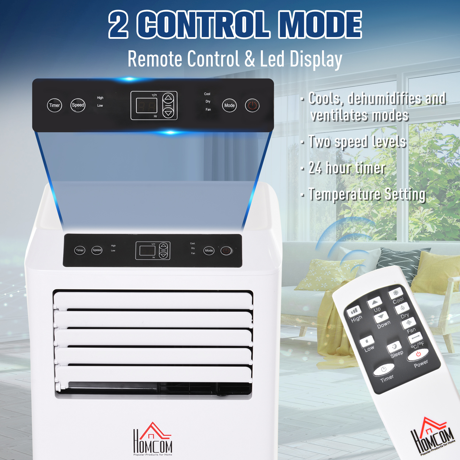 HOMCOM Mobile Air Conditioner with Remote Control, Timer, Cooling Dehumidifying Ventilating, LED Display White - 1003W