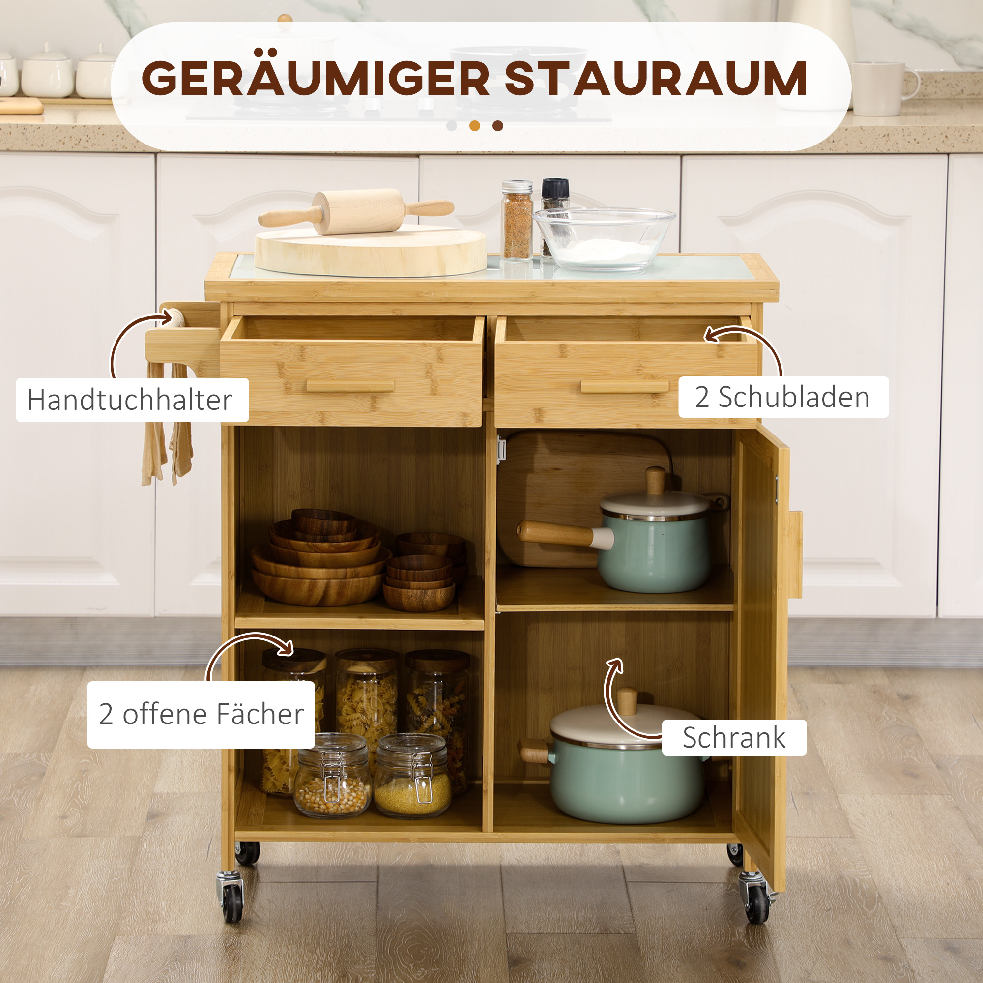 HOMCOM Keukenwagen, Oprolbaar, Serveerwagen, Keukenwagen Met In Hoogte Verstelbare Planken Voor Keuken Woonkamer Eetkamer Mdf Landelijke Stijl