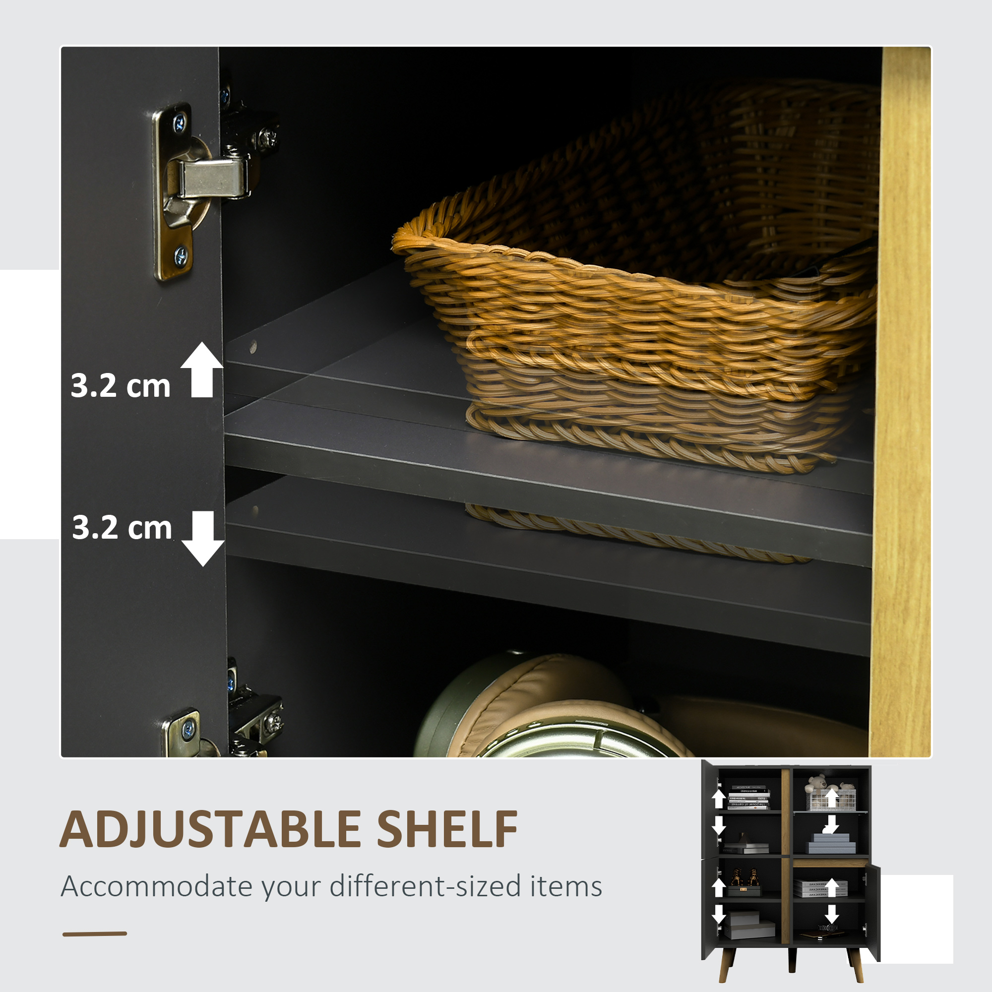HOMCOM Storage Cabinet Sideboard with Tempered Glass Adjustable Shelves and Solid Wood Legs