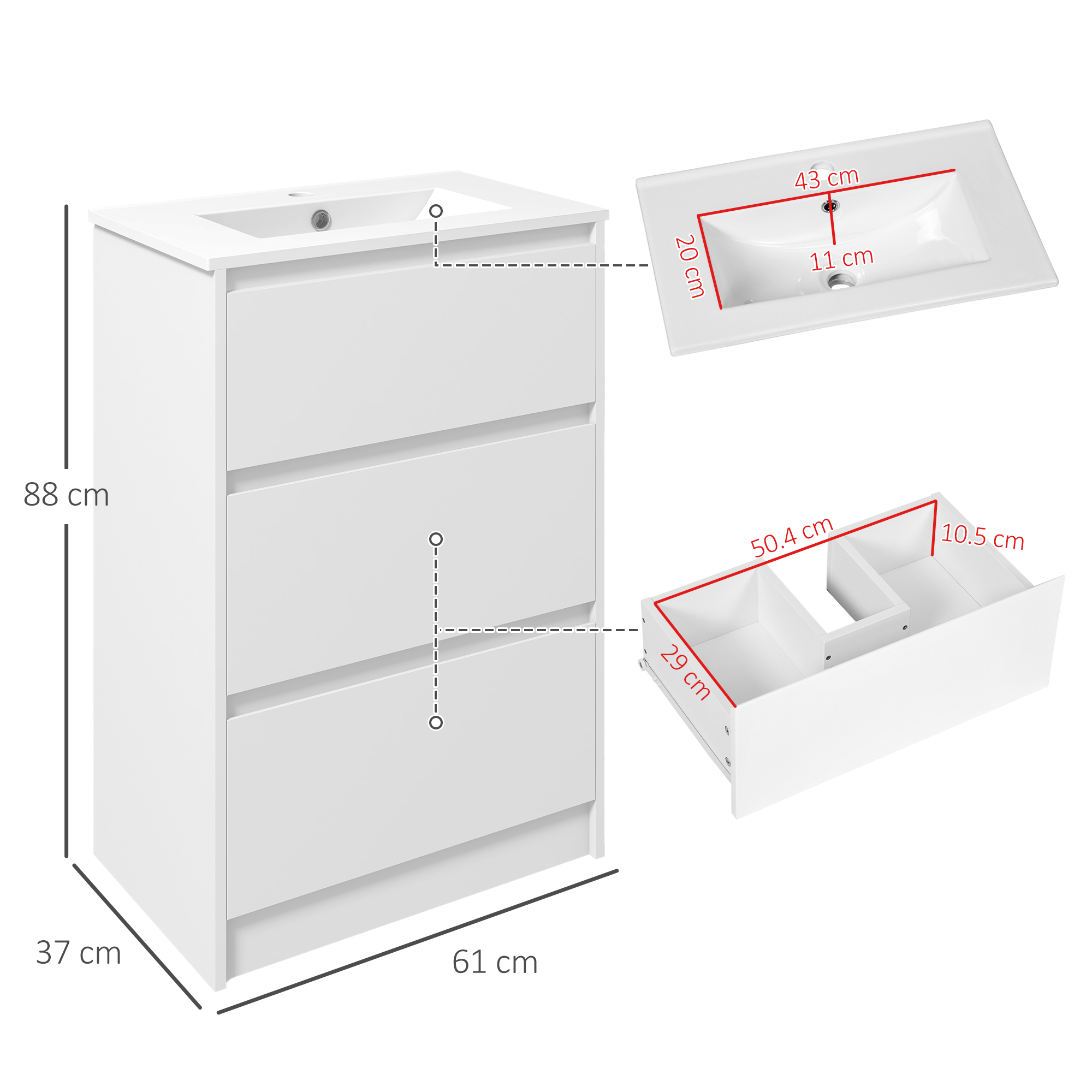 Kleankin Floor Standing Vanity Unit, 600mm Bathroom Sink Cabinet with Basin, Single Tap Hole, High Gloss, 2 Drawers - White