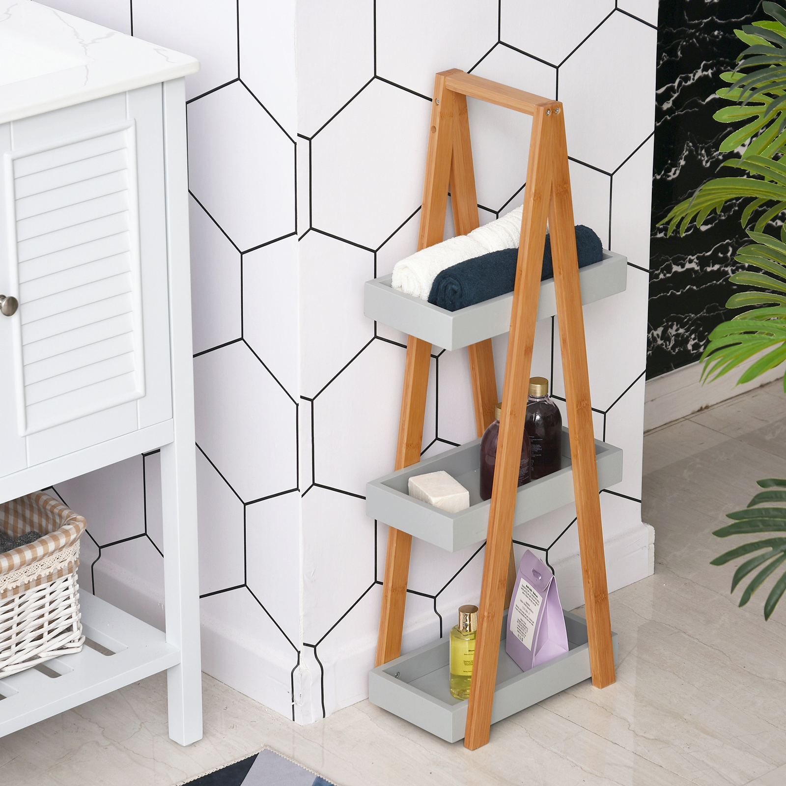 Kleankin Freestanding Bathroom Storage, 3-Tier Bamboo Shelving Unit, Slim A-Frame Design for Space Saving, Natural