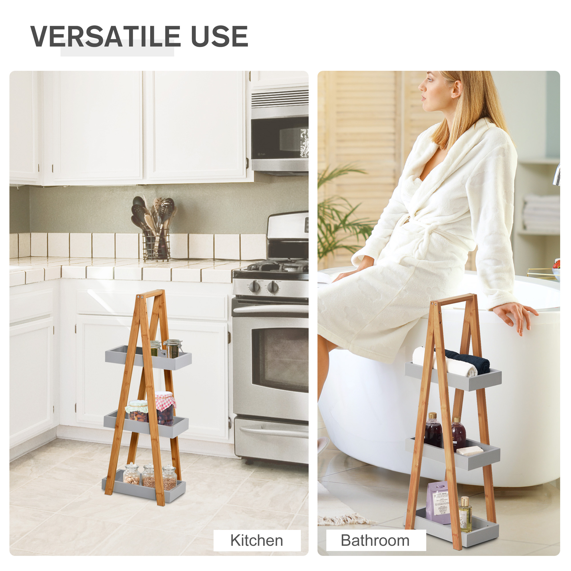 Kleankin Freestanding Bathroom Storage, 3-Tier Bamboo Shelving Unit, Slim A-Frame Design for Space Saving, Natural