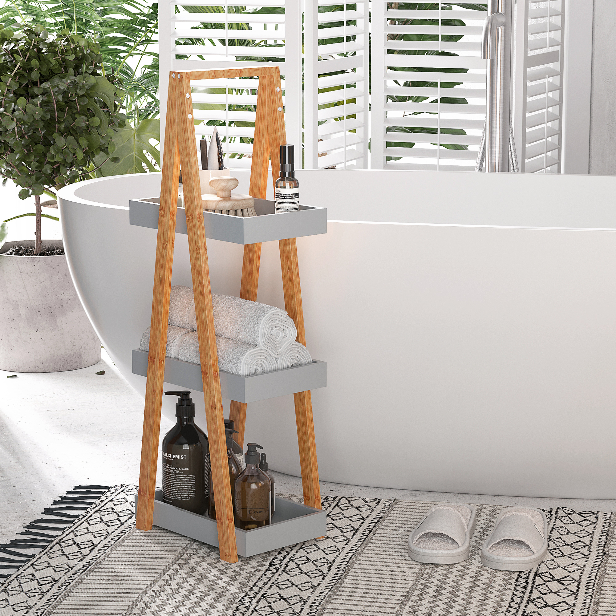 Kleankin Freestanding Bathroom Storage, 3-Tier Bamboo Shelving Unit, Slim A-Frame Design for Space Saving, Natural