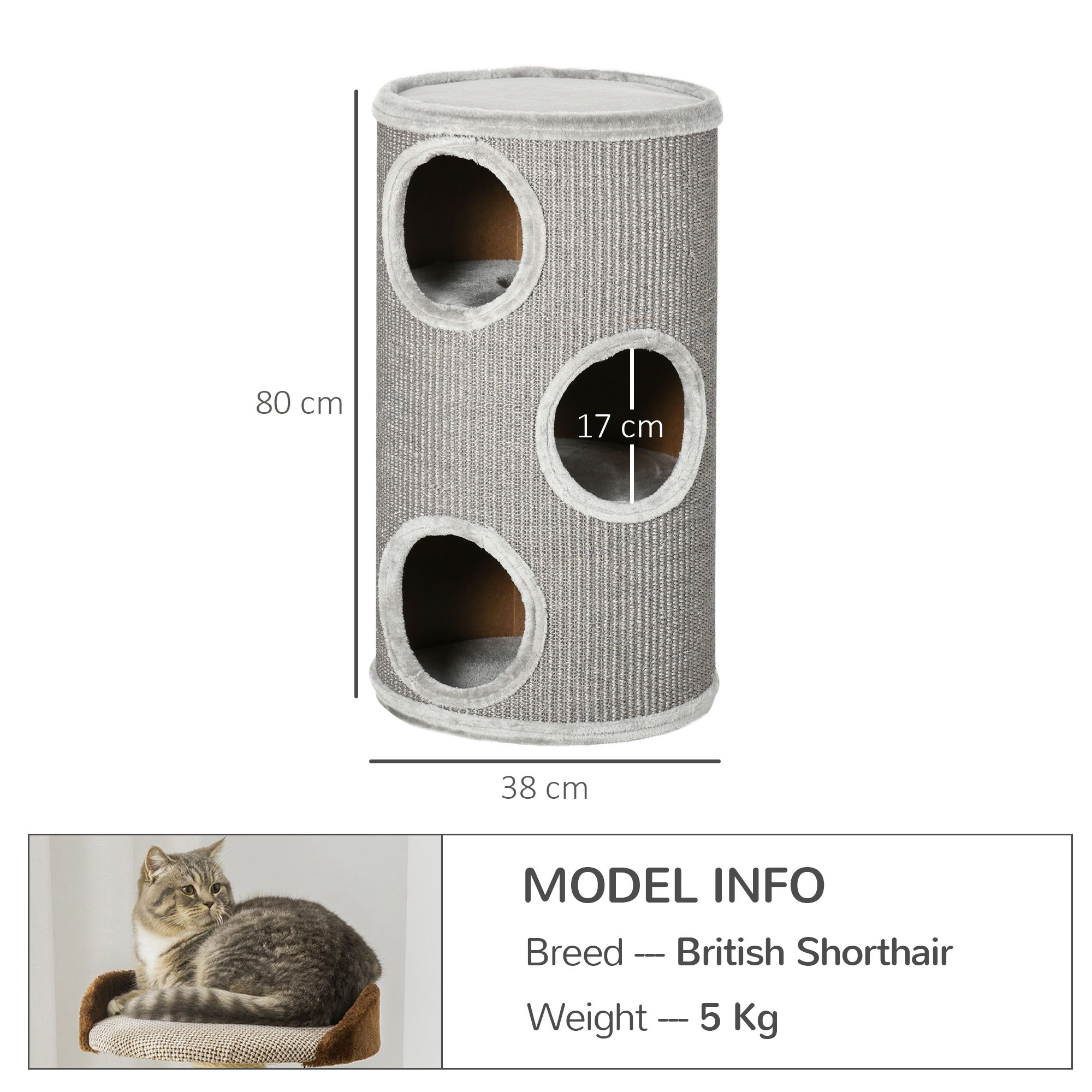 PawHut Cat Tree Barrel, Kitten Climbing Tower, Indoor Sisal Covered, Cosy Platform, Light Grey