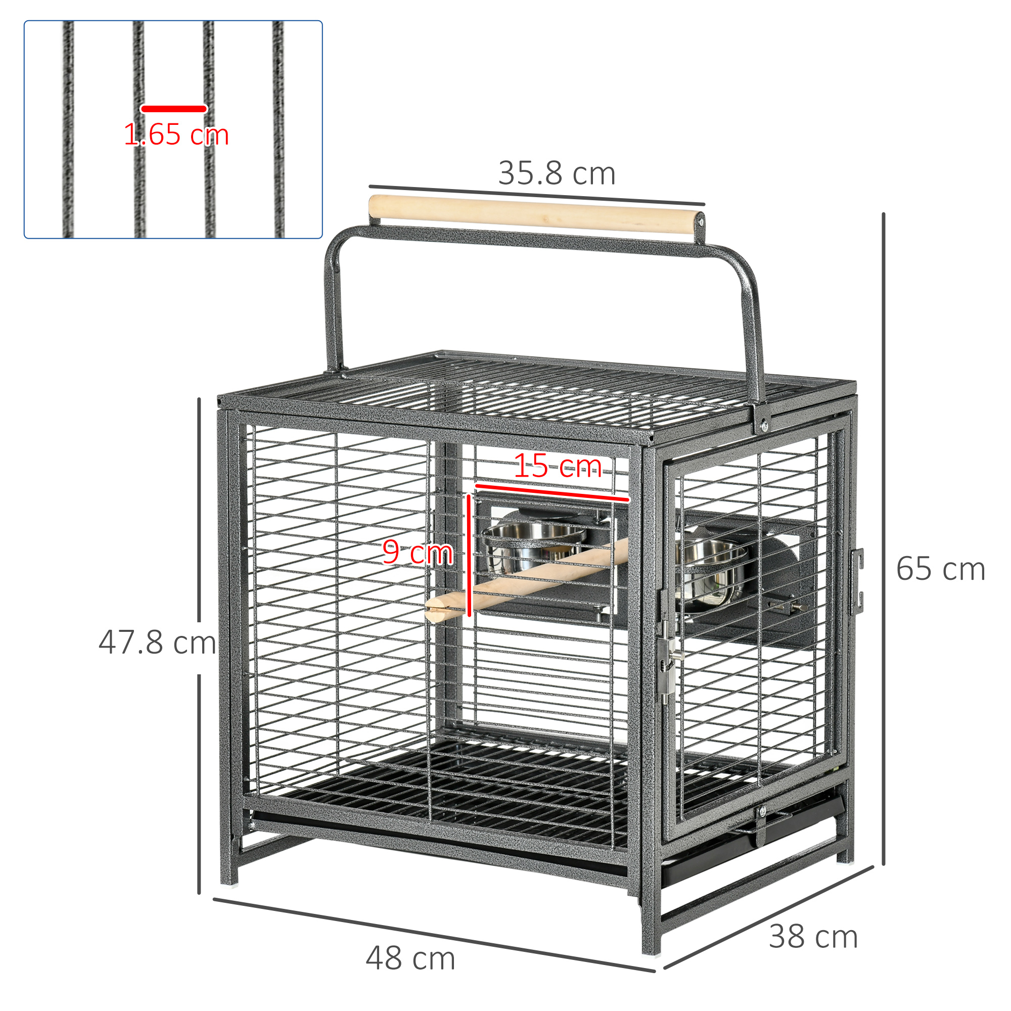 PawHut Metal Bird Cage, Portable Parrot Carrier for Green Cheek, Canary, Parakeet, Cockatiel, with Wooden Perch, Black