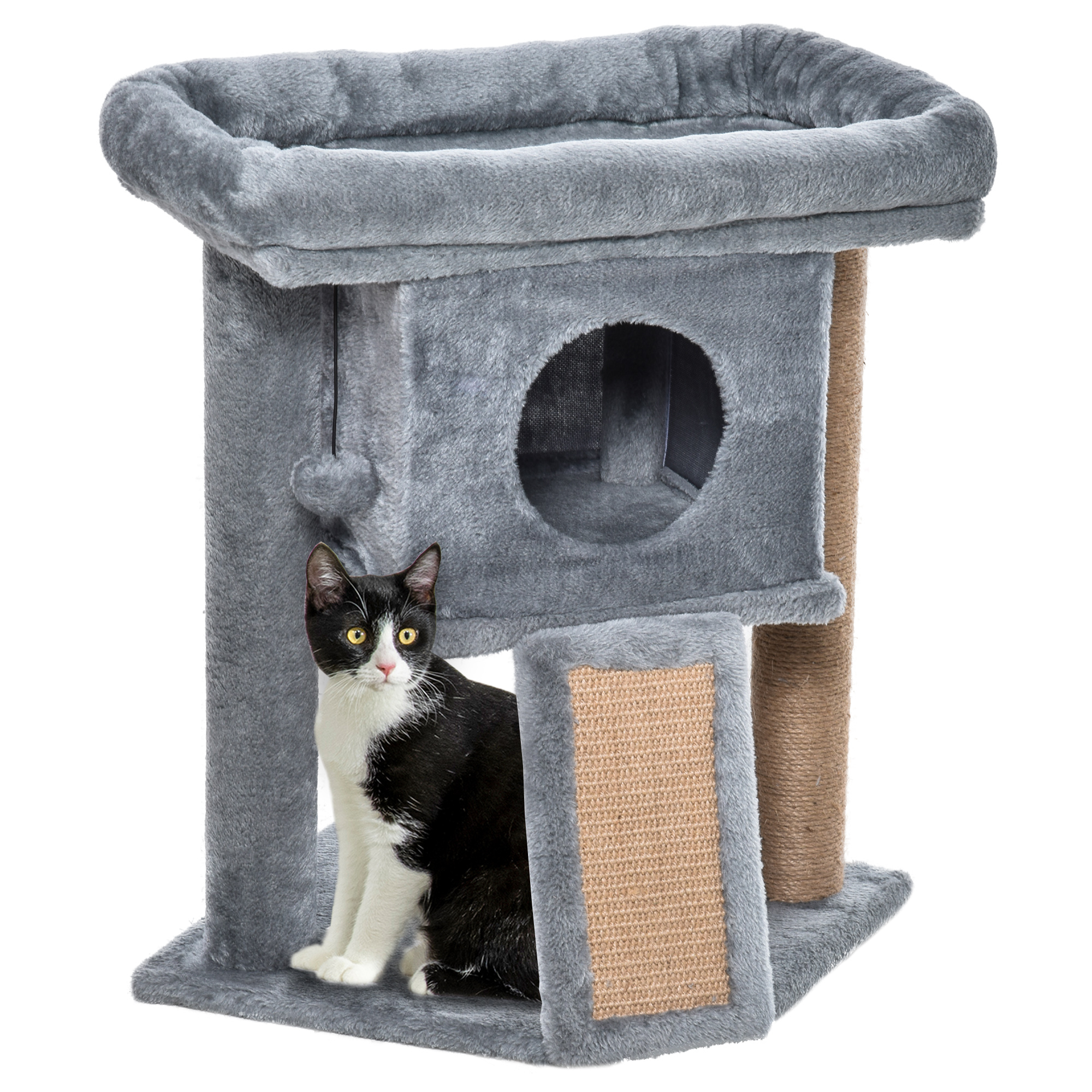 PawHut Árvore Arranhador para Gatos Pequenos Arranhador para Gatos com Poste de Juta Rampa Caverna e Bola Suspensa 40x40x57 cm Cinza   Aosom Portugal