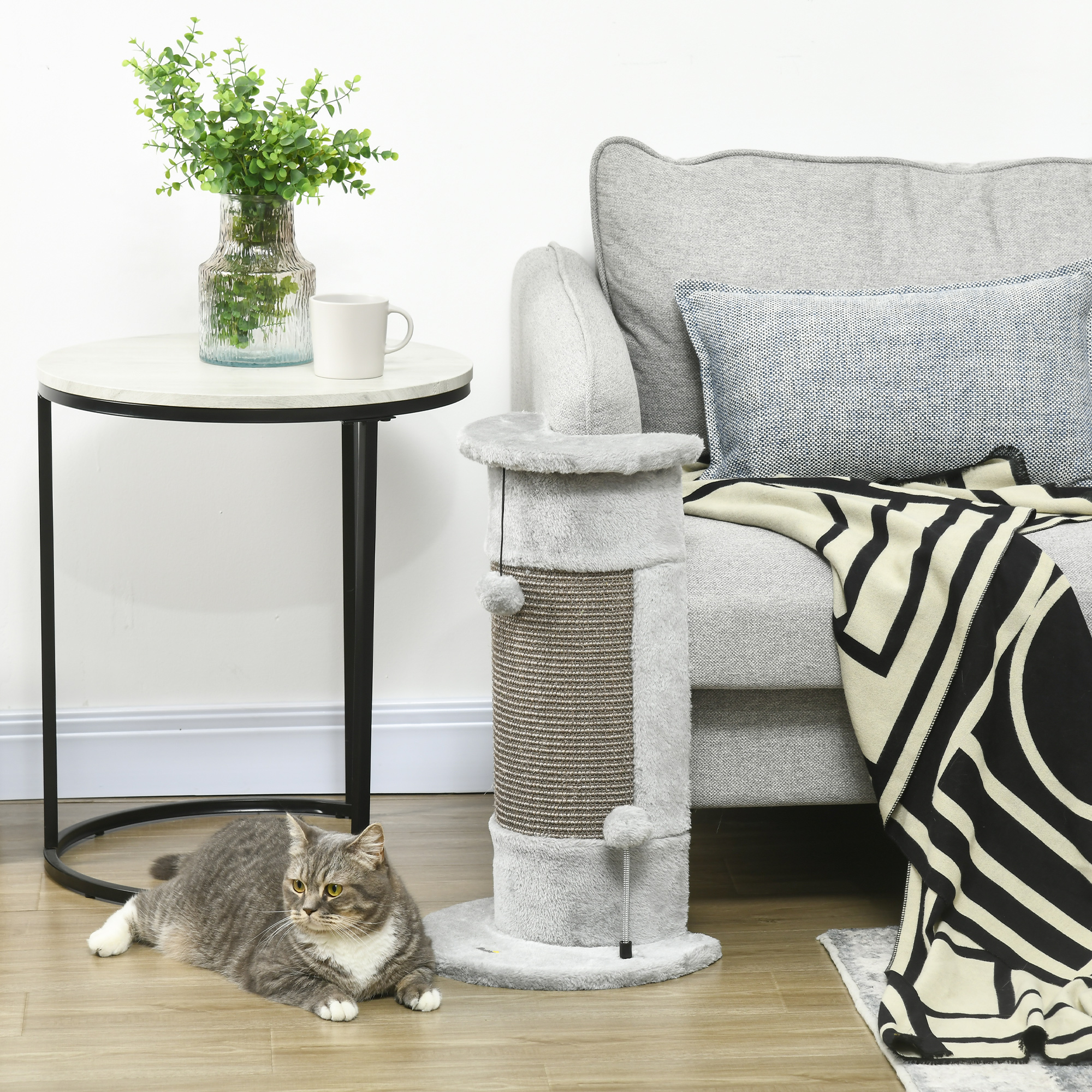 PawHut Corner Wall Cat Scratching Post, 58cm Claw Scratcher with Plush Cover & Sisal Rope, Play Toy Balls, Grey
