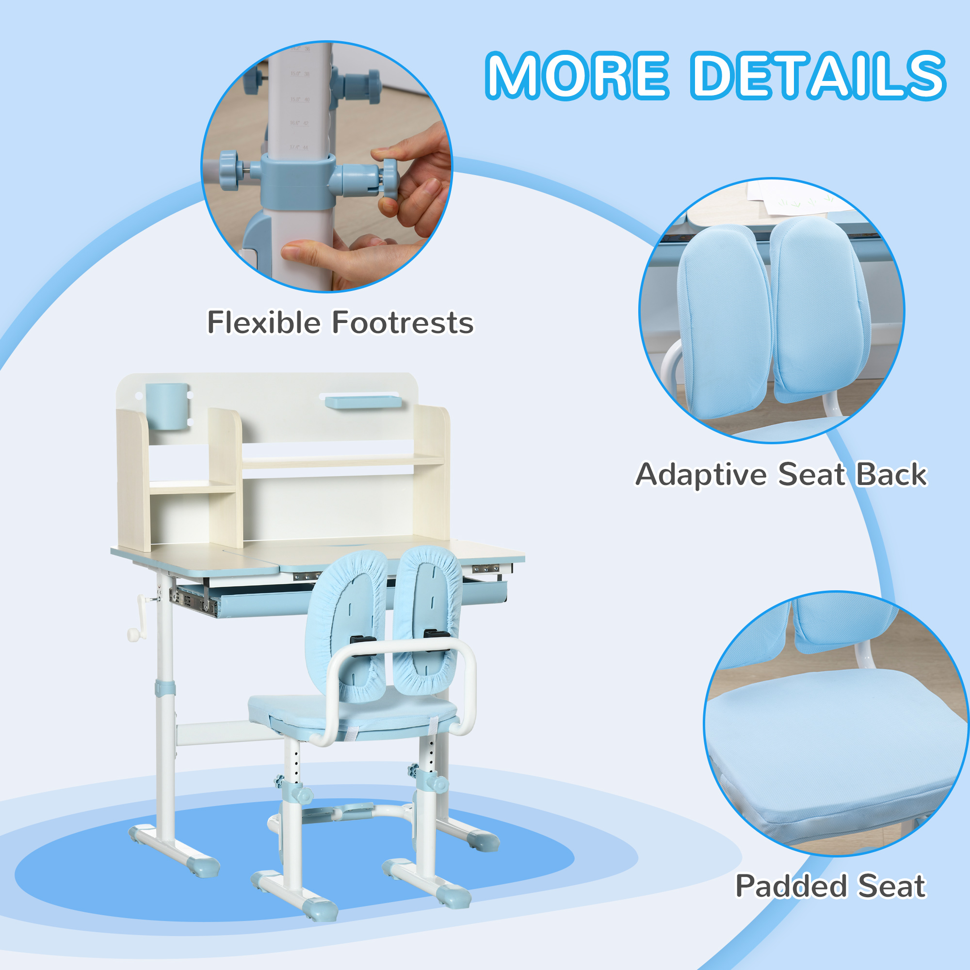 HOMCOM Kids Desk and Chair Set, Height Adjustable School Desk & Chair Set w/ Shelves, Washable Cover, Anti-Slip Mat, for Kids Aged 3-12, Blue