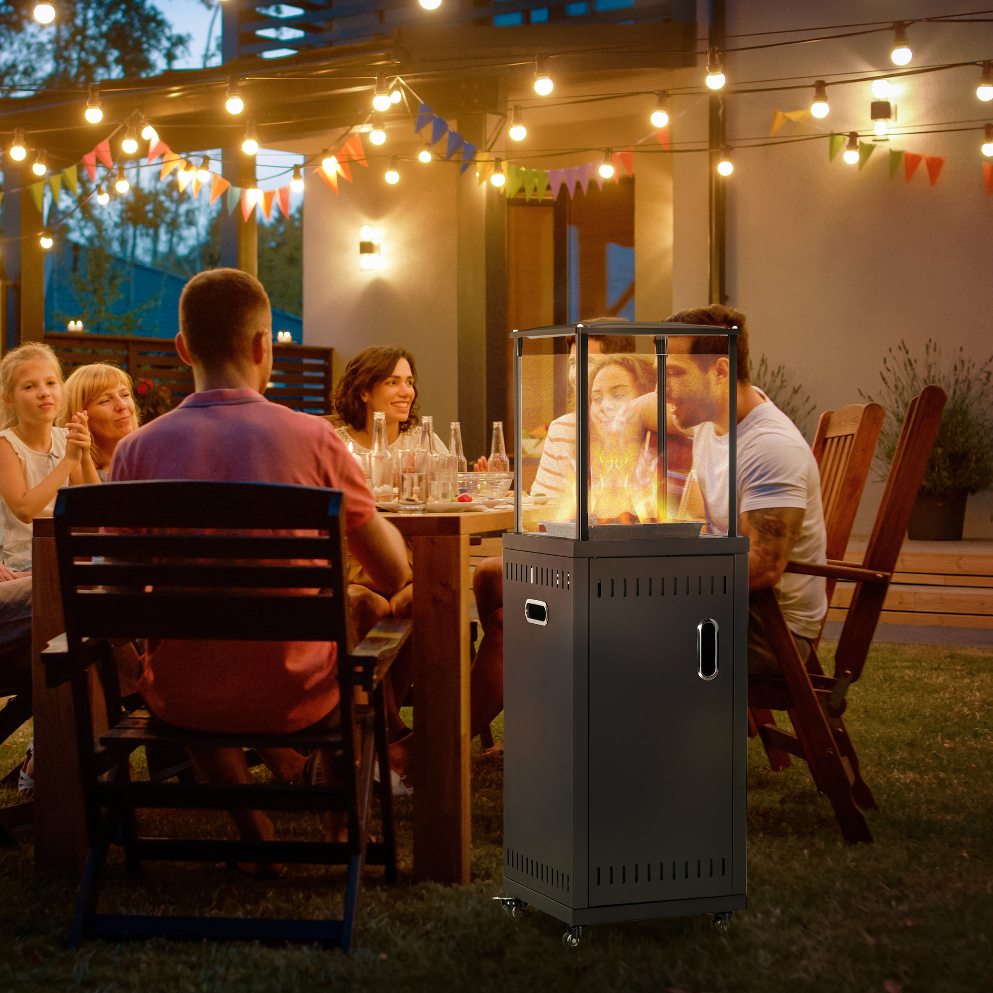 Outsunny 9KW Gas Patio Heater with Lava Rocks, Freestanding Heater Real Flame Propane Heater with Wheels, Dust Cover, Regulator and Hose