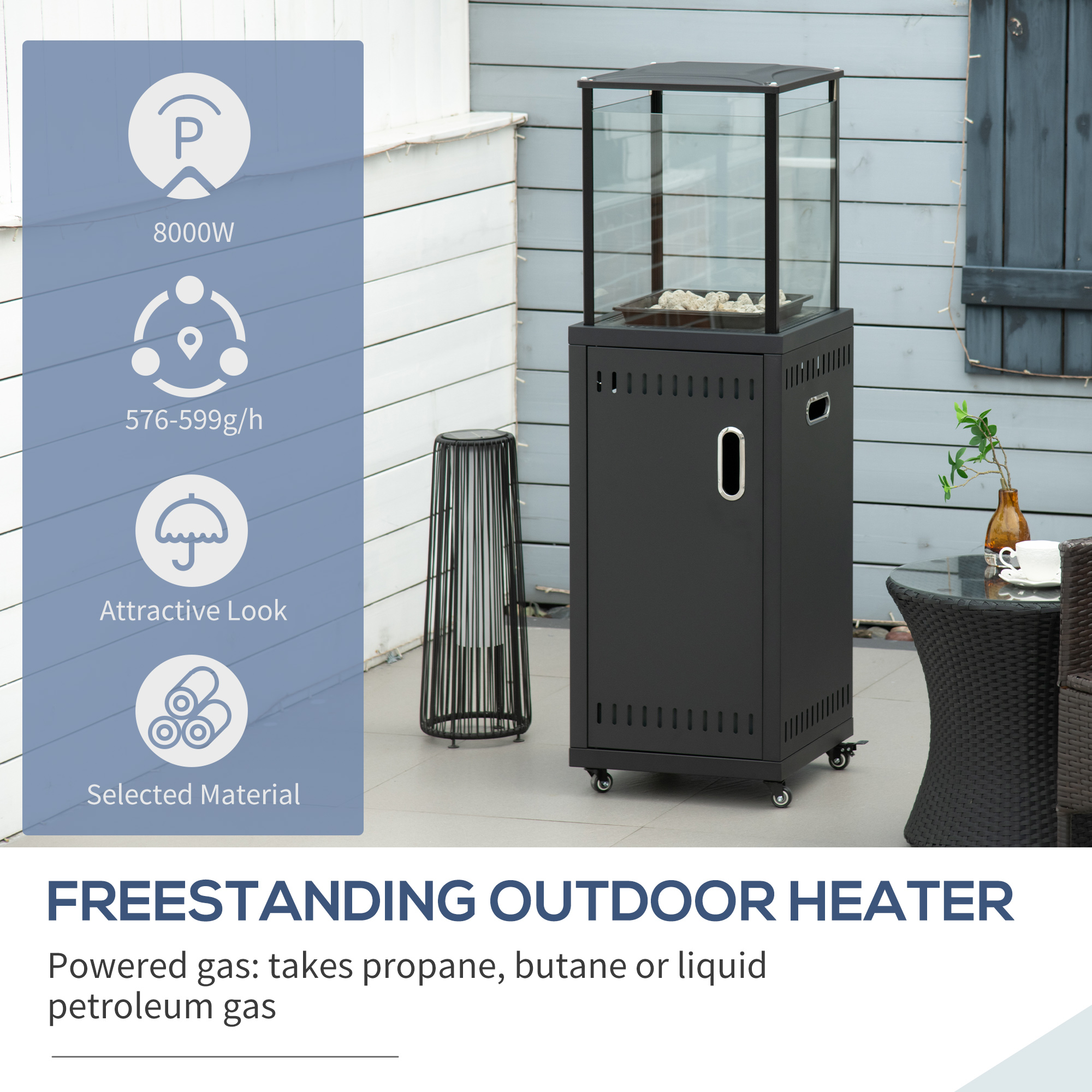 Outsunny 9KW Gas Patio Heater with Lava Rocks, Freestanding Heater Real Flame Propane Heater with Wheels, Dust Cover, Regulator and Hose
