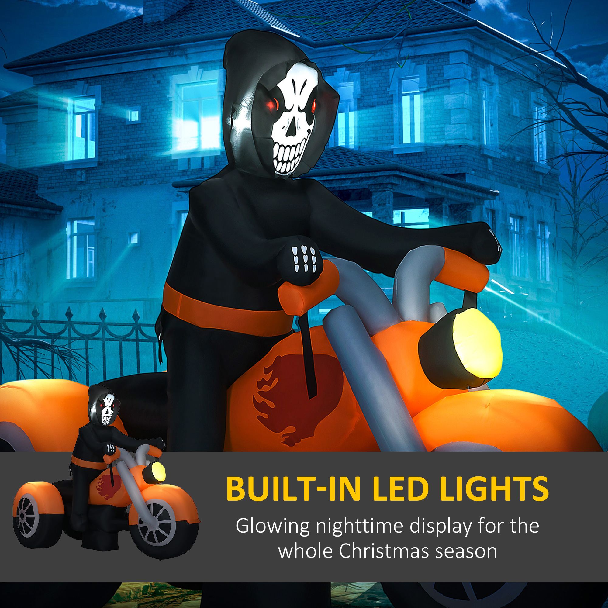 HOMCOM 9FT Long Halloween Inflatable Skull Rides a Motorcycle with Built-in LED Lights, Blow-Up Outdoor LED Garden Display for Lawn, Party