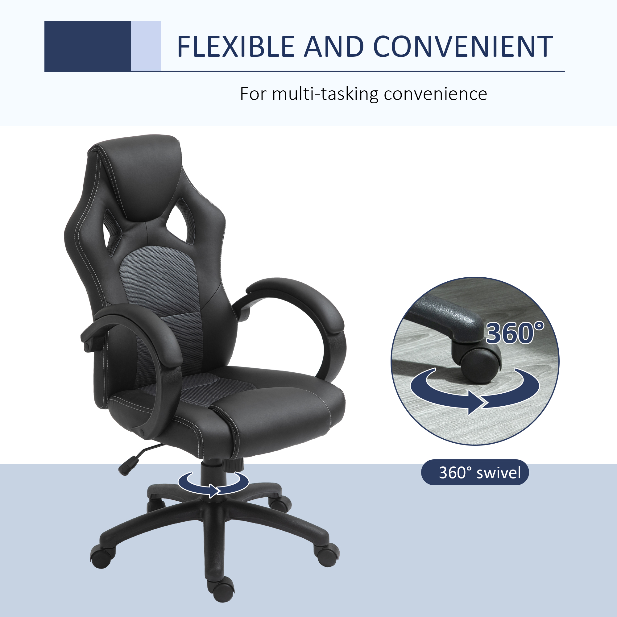 Vinsetto High-Back Swivel Office Chair, Faux Leather Computer Desk Chair with Wheels & Armrests, Black