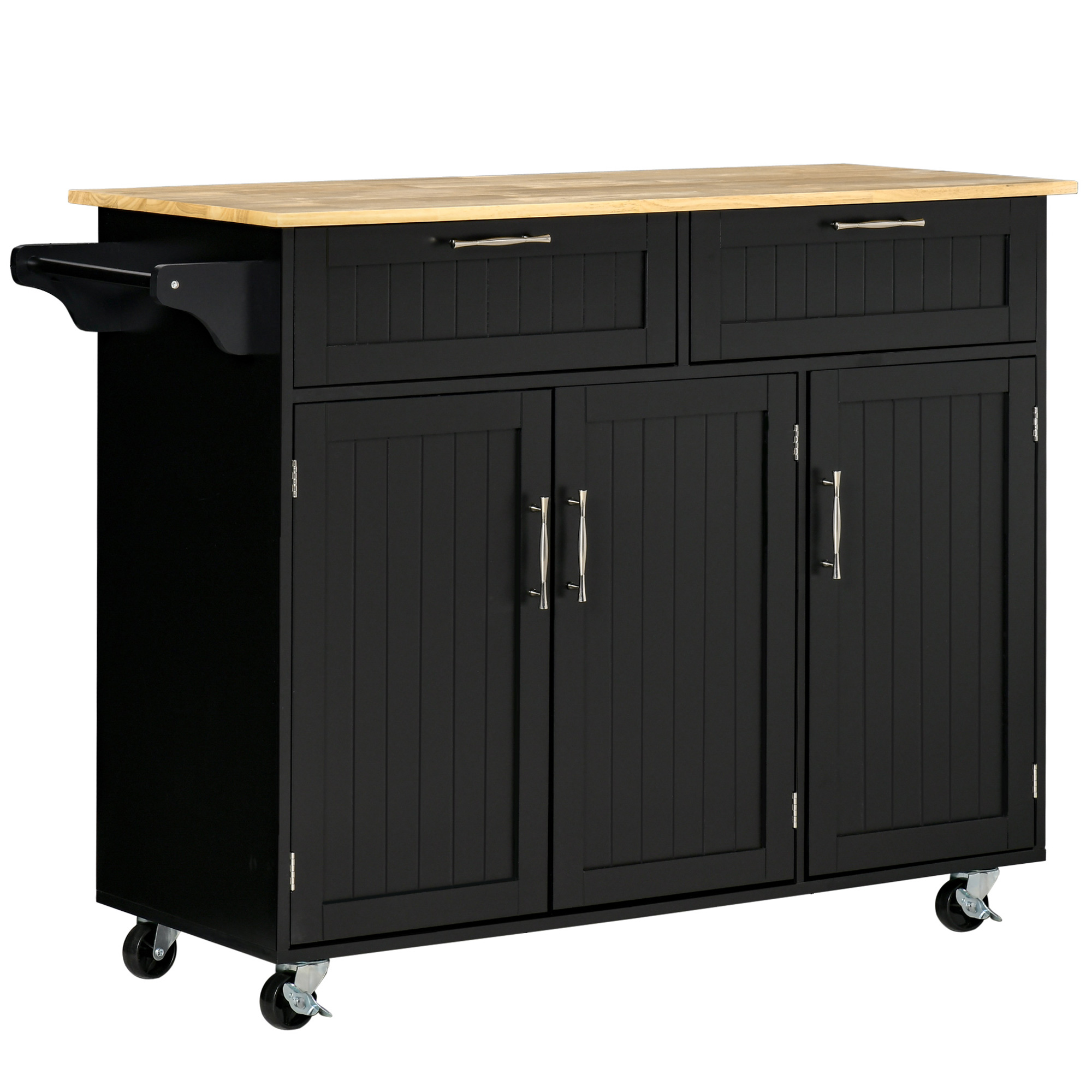 HOMCOM Carrello da Cucina in Legno con 2 Cassetti, Armadietto 3 Ante e 4 Ruote, 121x46x91cm, Nero