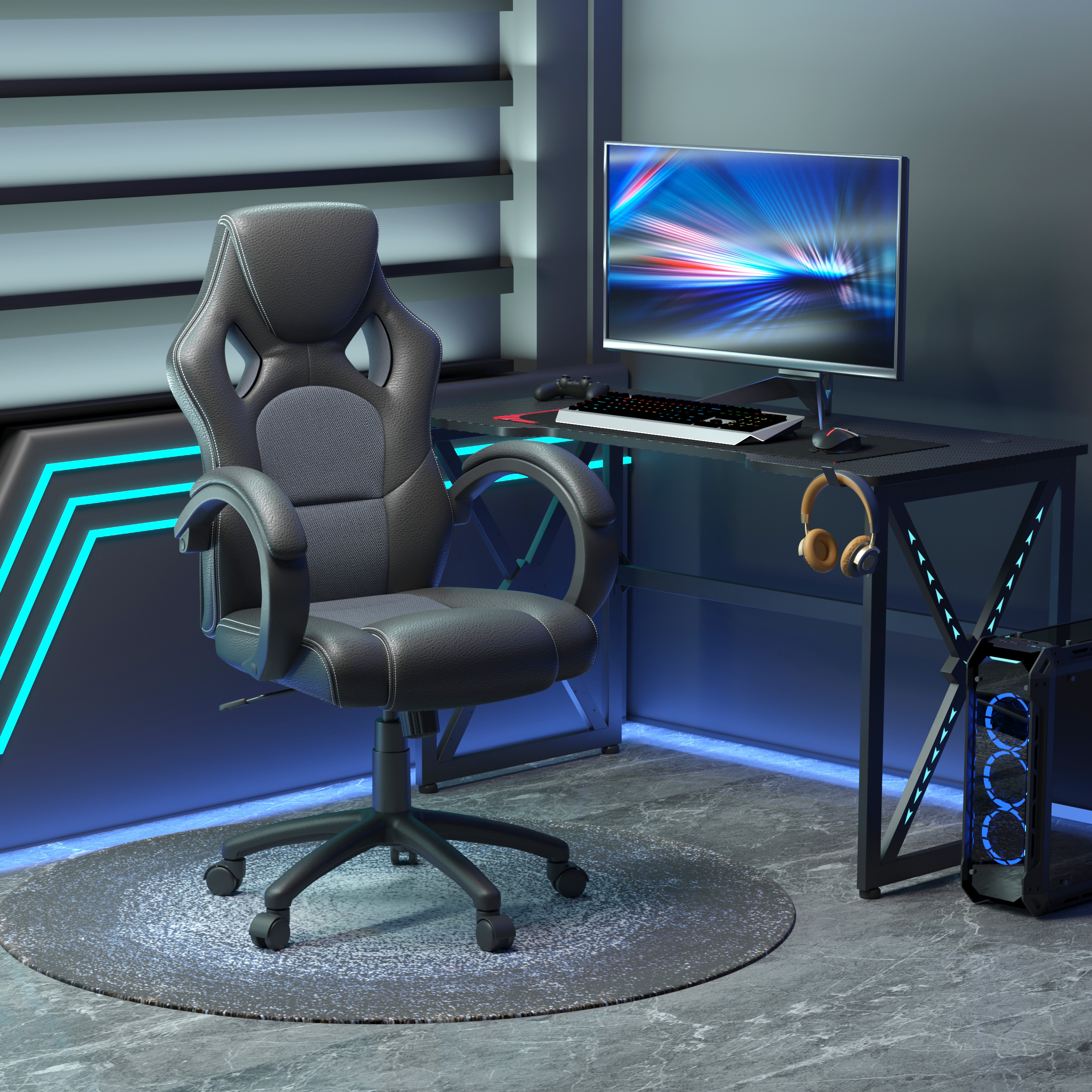 Vinsetto High-Back Swivel Office Chair, Faux Leather Computer Desk Chair with Wheels & Armrests, Black