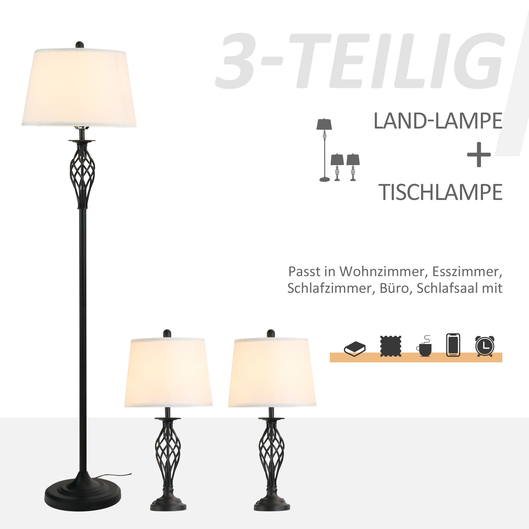 3-osaline lampide komplekt: 2 laualampi (ø38 x 158K cm) + 1 põrandalamp (ø30 x 62K cm), vintage-stiilis põrandalamp jalalülitiga, lugemislamp elutuppa, magamistuppa, metall, mustvalge