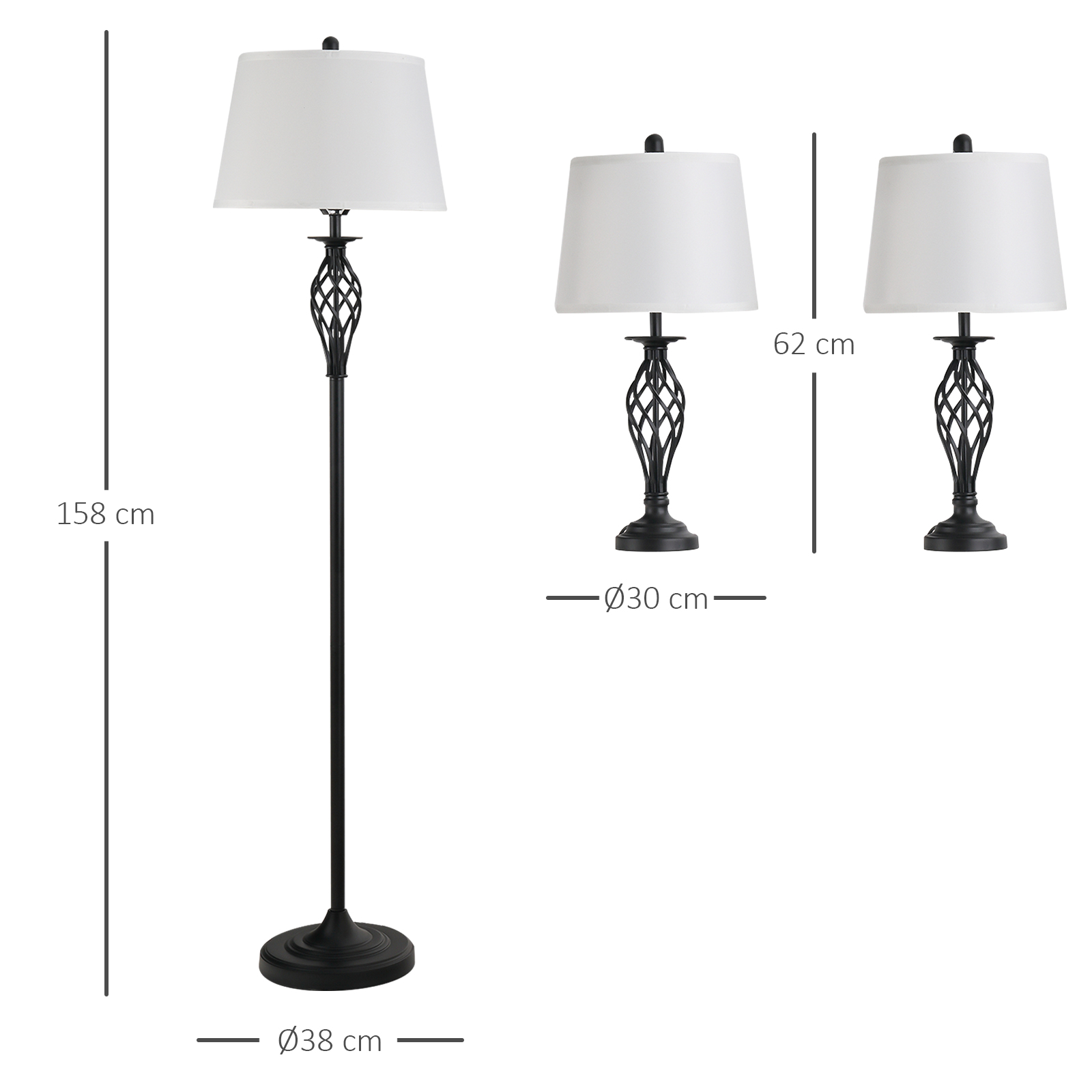 3-osaline lampide komplekt: 2 laualampi (ø38 x 158K cm) + 1 põrandalamp (ø30 x 62K cm), vintage-stiilis põrandalamp jalalülitiga, lugemislamp elutuppa, magamistuppa, metall, mustvalge