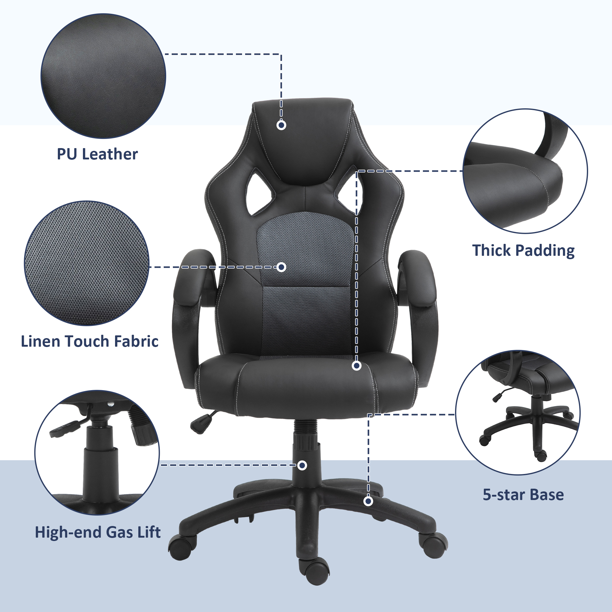 Vinsetto High-Back Swivel Office Chair, Faux Leather Computer Desk Chair with Wheels & Armrests, Black