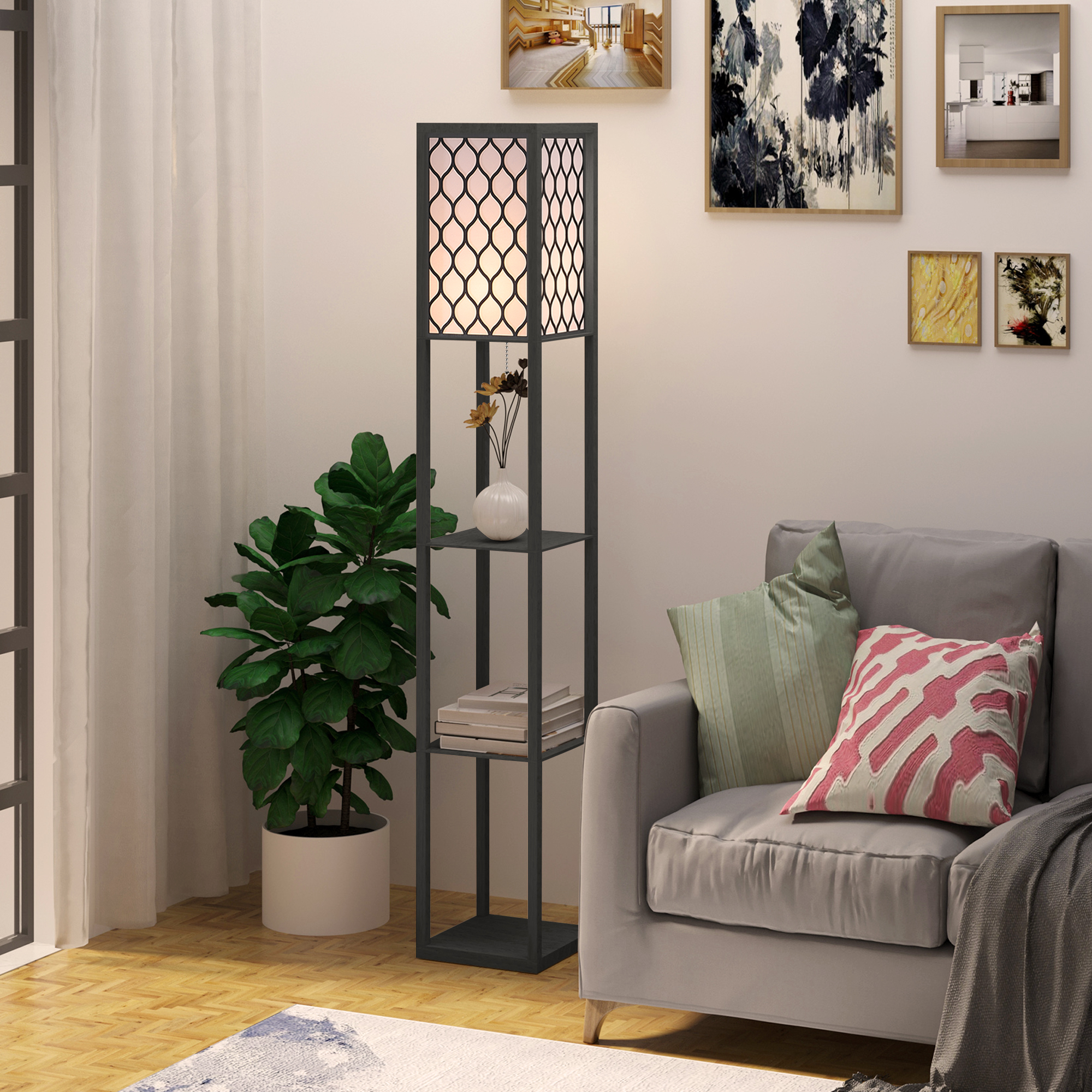 Homcom Lampa Stojąca Z Półkami Oświetlenie Wewnętrzne E27 Do 40w Drewno Czarna 26 X 26 X 160 Cm