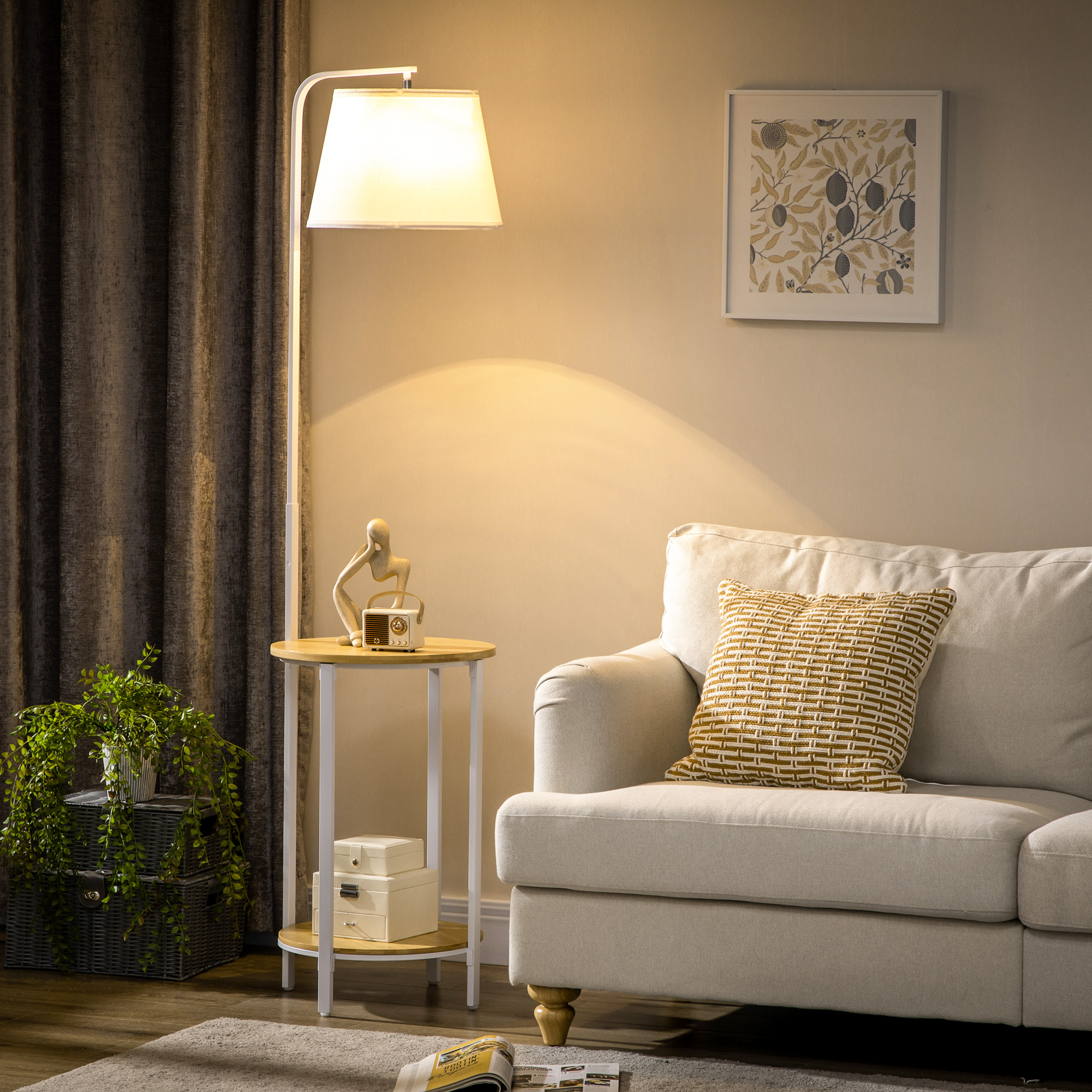 HOMCOM Lampa stojąca, lampa podłogowa z 2 półkami, 40 W lampa stojąca, lampa podłogowa, Biała