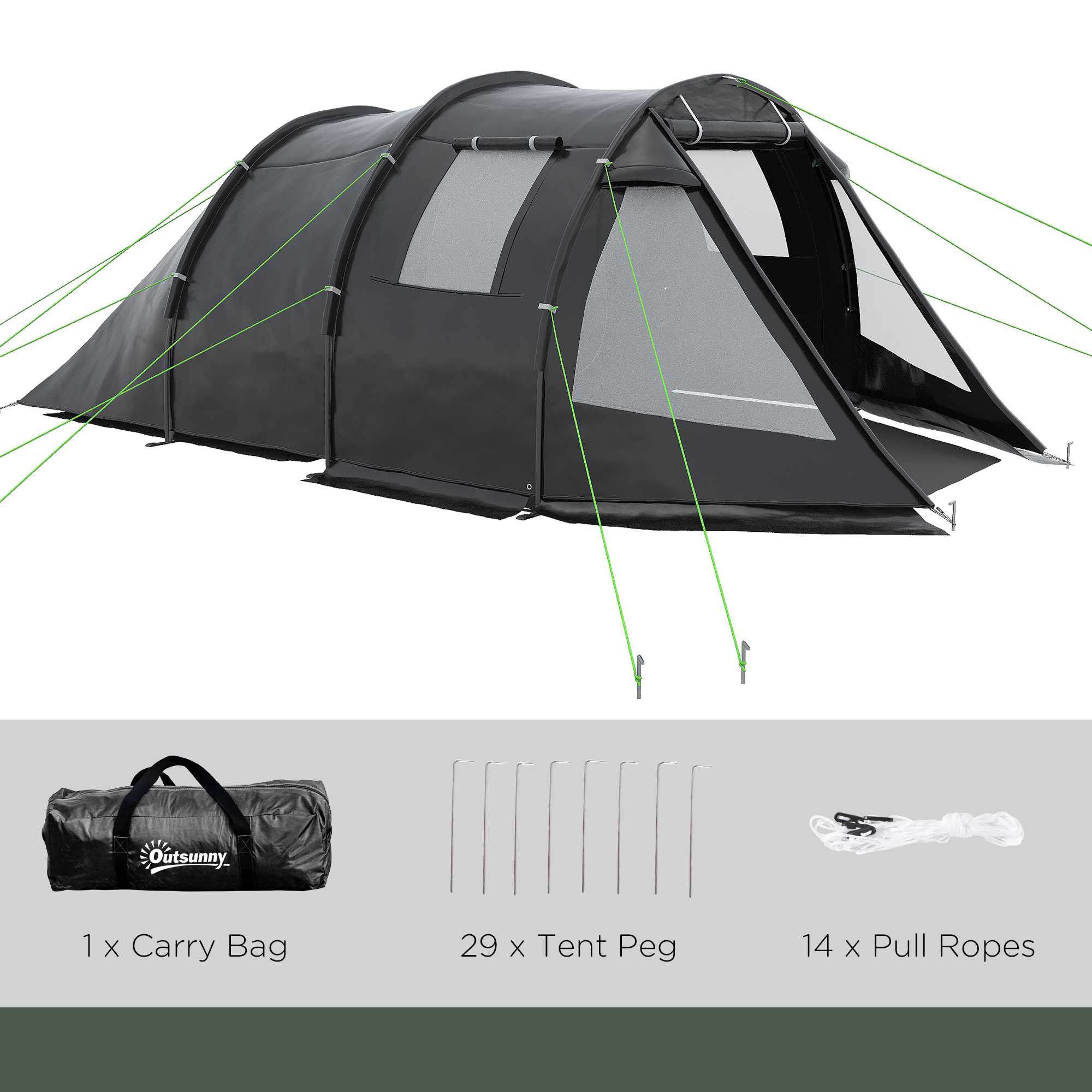 Outsunny Spacious Tunnel Tent for 3-4 Persons, Two-Room Camping Shelter with Windows, Ventilation Covers, Carry Bag, Black