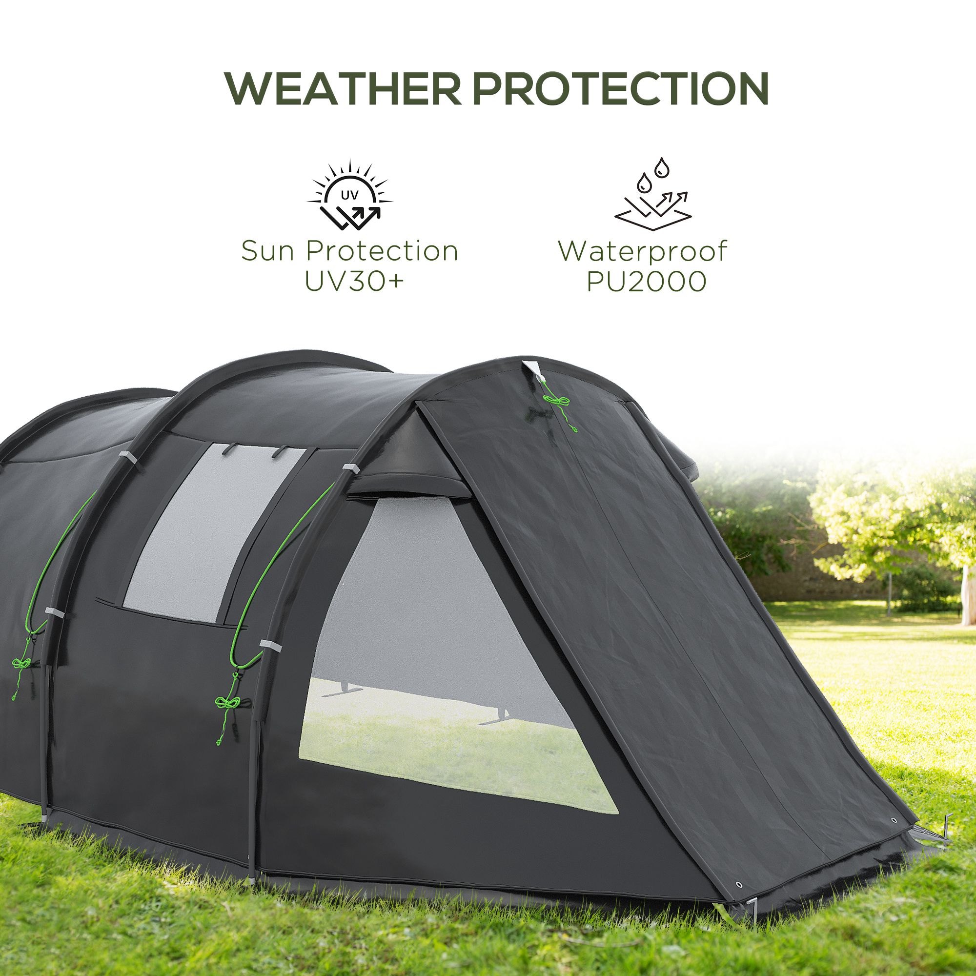 Outsunny Spacious Tunnel Tent for 3-4 Persons, Two-Room Camping Shelter with Windows, Ventilation Covers, Carry Bag, Black