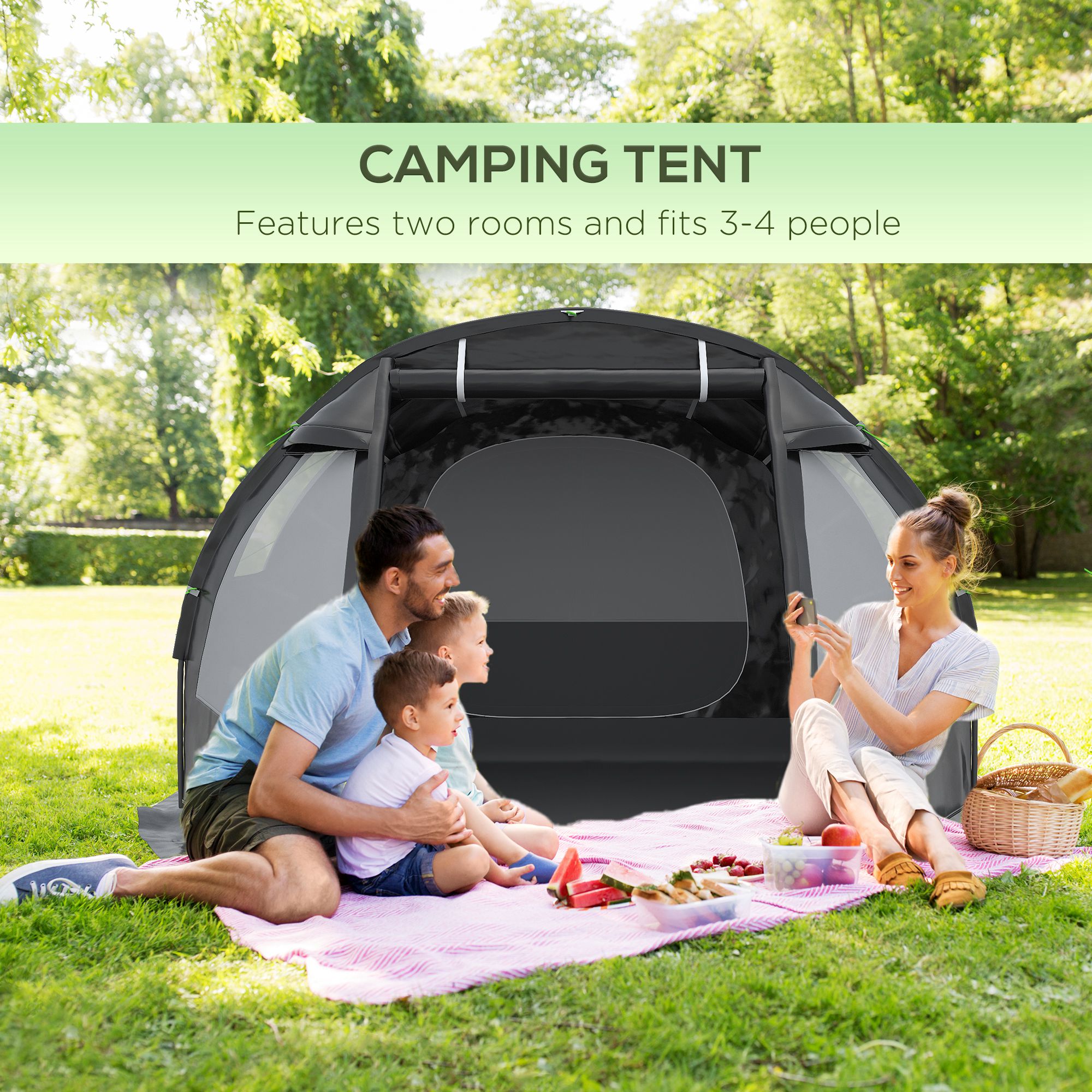 Outsunny Spacious Tunnel Tent for 3-4 Persons, Two-Room Camping Shelter with Windows, Ventilation Covers, Carry Bag, Black