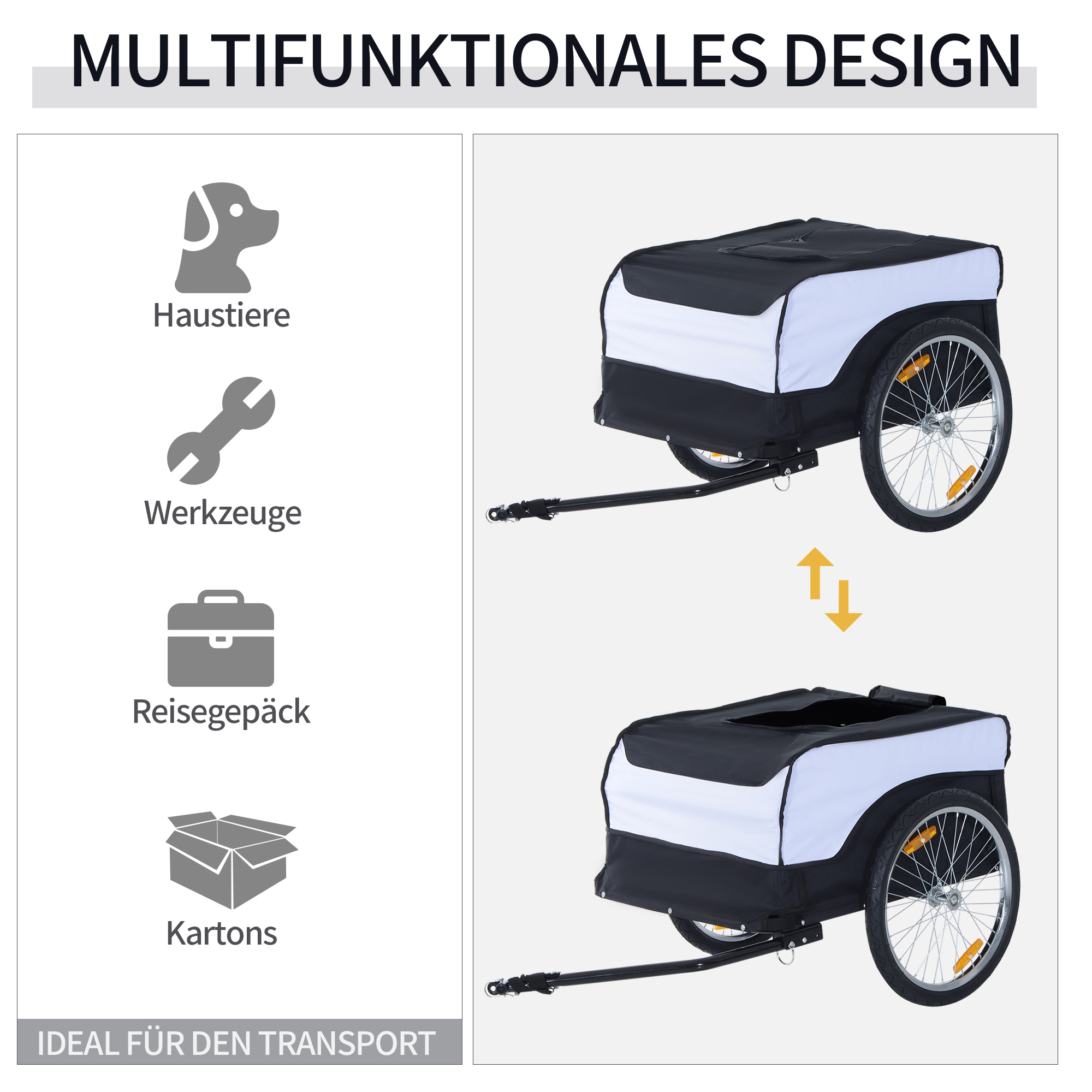 Jalgrattahaagis, kaubahaagis, maksimaalne kandevõime 40 kg, transpordihaagis, käsikäru, jalgratta kaubahaagis, valge ja must, teras, Oxford, 140 x 77 x 65 cm