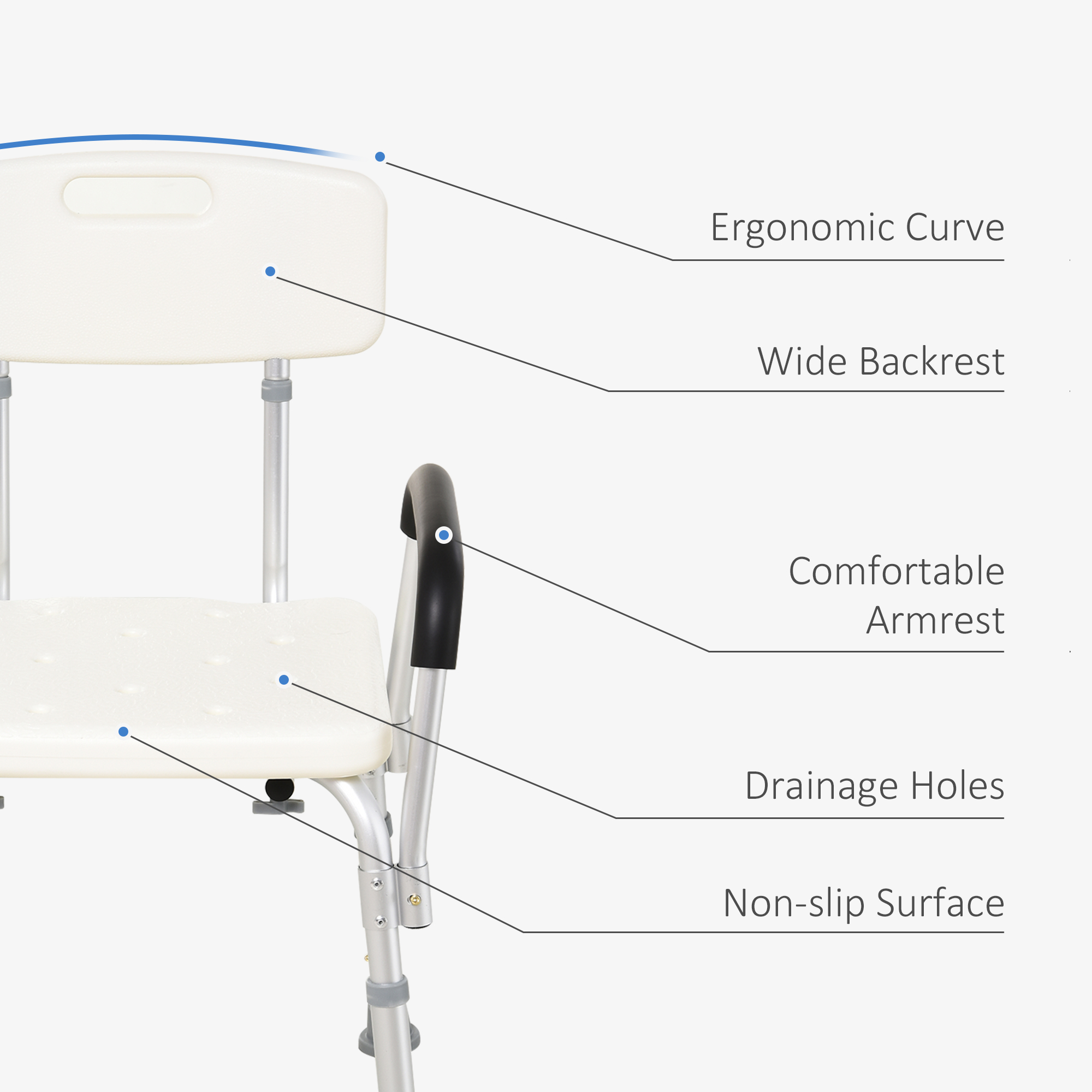 HOMCOM Portable Shower Chair, Adjustable Medical Stool, with Back and Armrest for Enhanced Mobility, White.