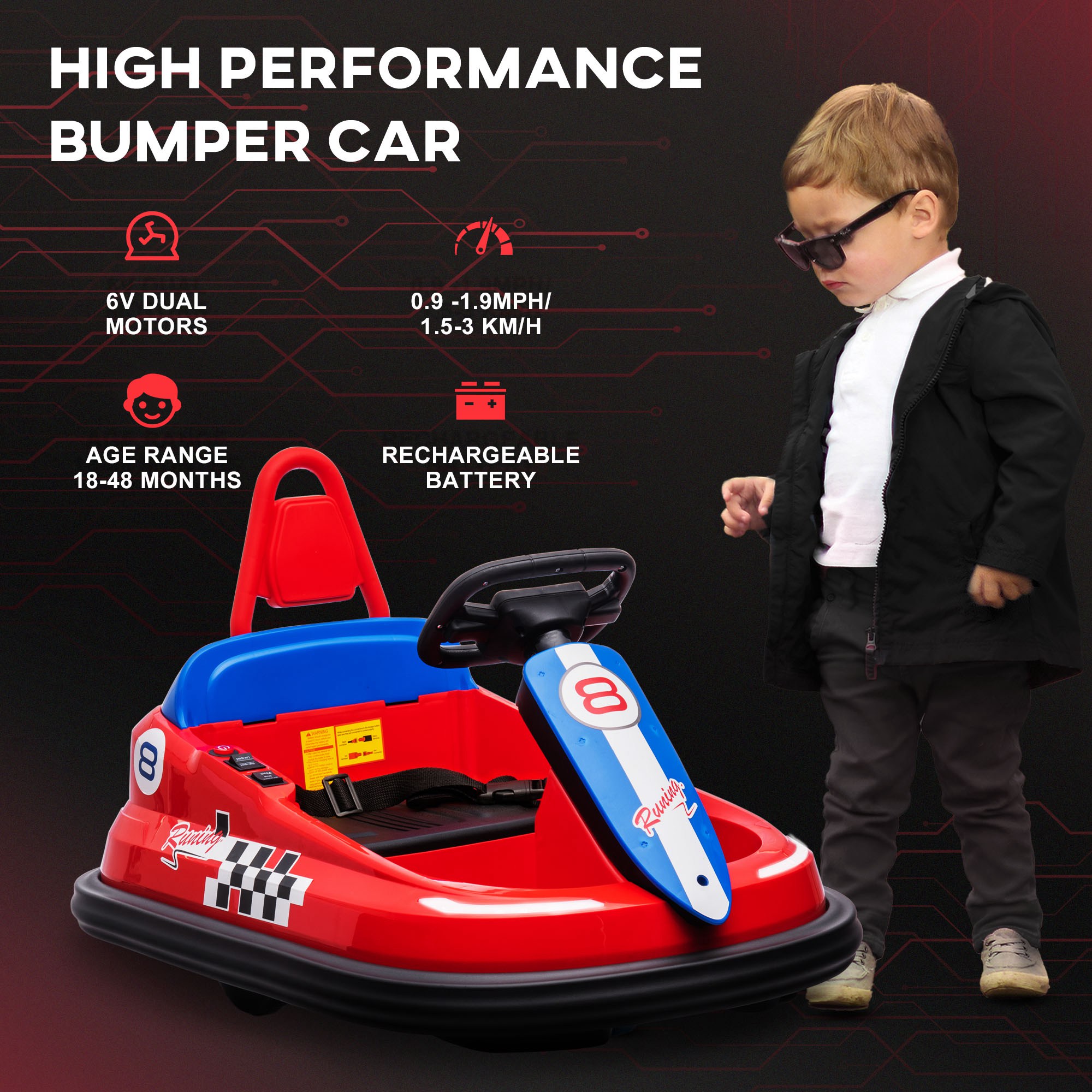 HOMCOM Electric Kids Bumper Car, 6V 360-Degree Rotation Waltzer Car, Battery Powered Ride on Car w/ 2 Speeds, Music, Gift for 18-48 Months, Red