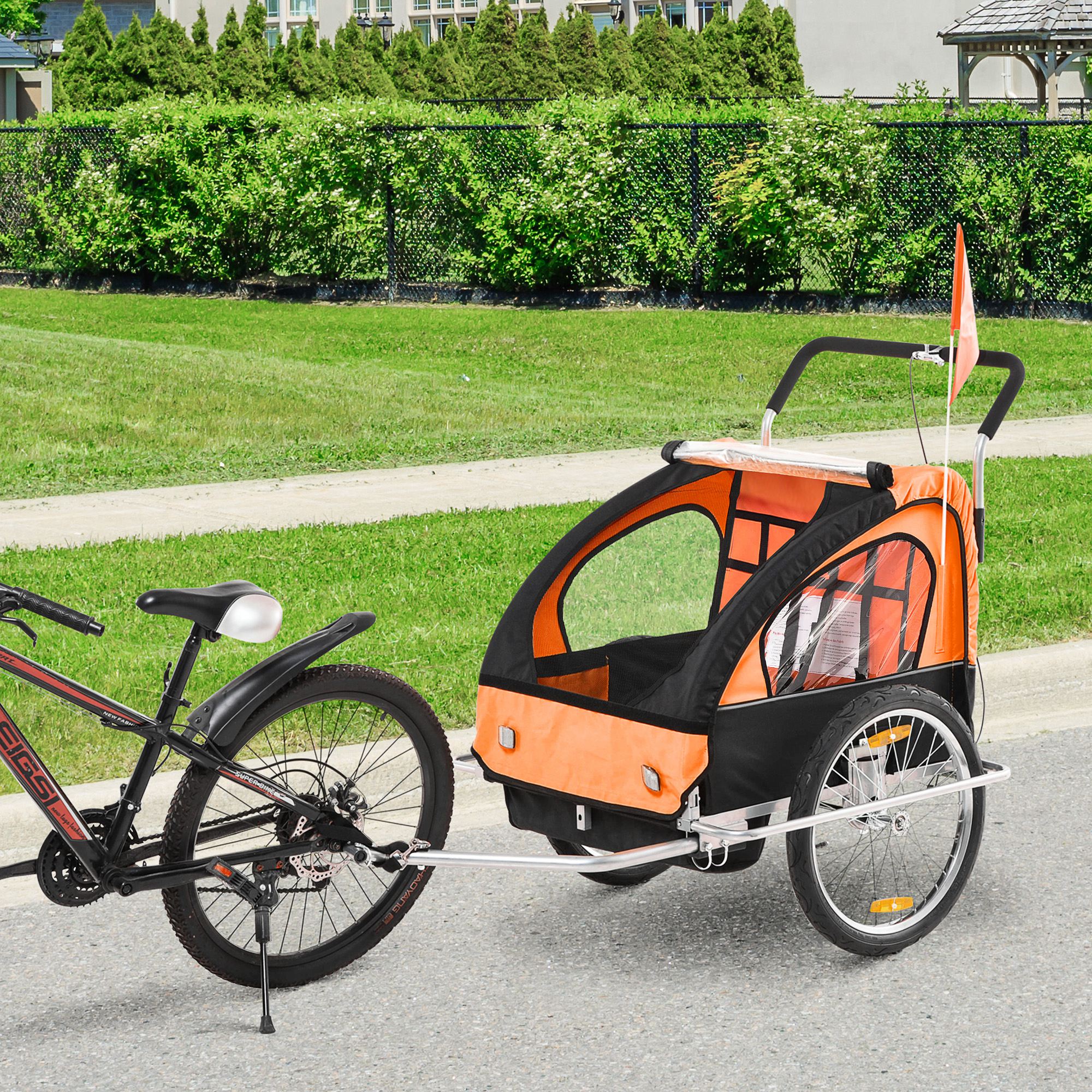 HOMCOM Collapsible Bike Trailer 2-Seater for Baby Bicycle with Pivot Wheel Suitable For 18 Month + Child Orange