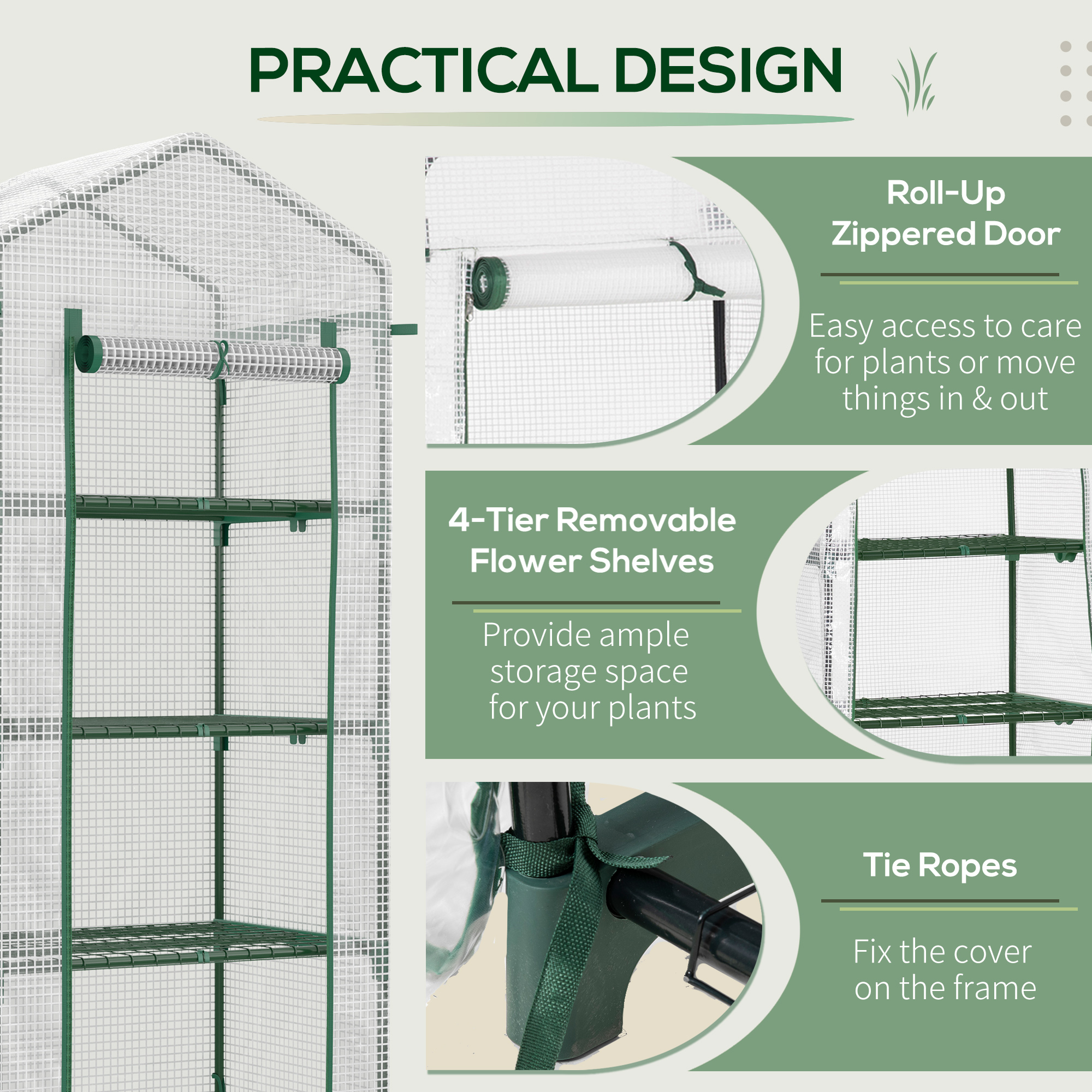 Outsunny 4 Tier Mini Greenhouse, Portable Green House with Steel Frame, PE Cover, Roll-up Door, 70 x 50 x 160 cm, White