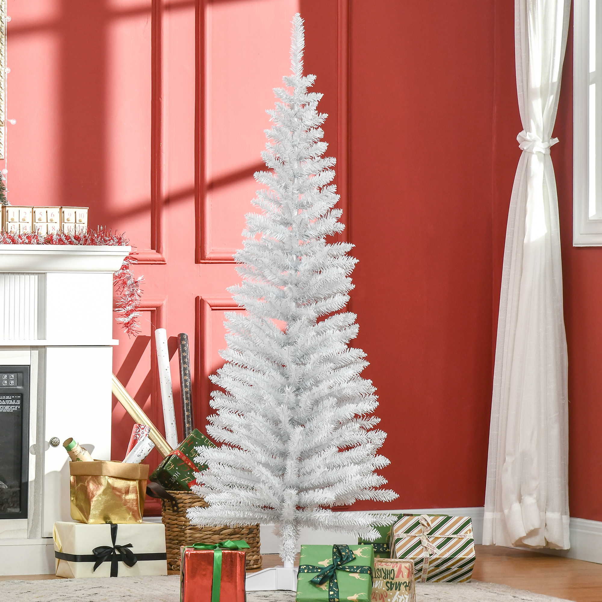HOMCOM 5T Artificial Pine Pencil Slim Tall Christmas Tree with Branch Tips Xmas Holiday DÃ©cor with Stand White