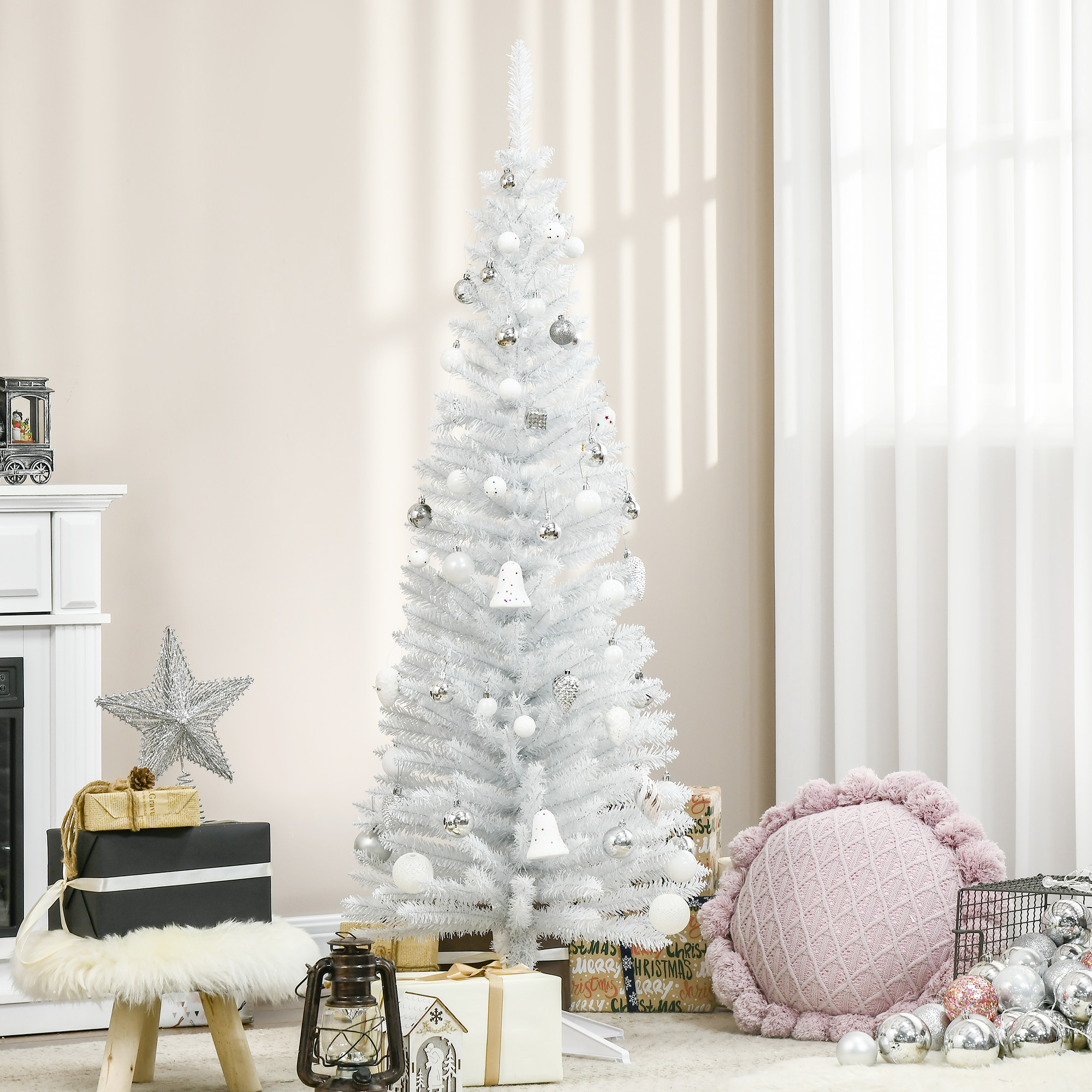 HOMCOM 5T Artificial Pine Pencil Slim Tall Christmas Tree with Branch Tips Xmas Holiday DÃ©cor with Stand White