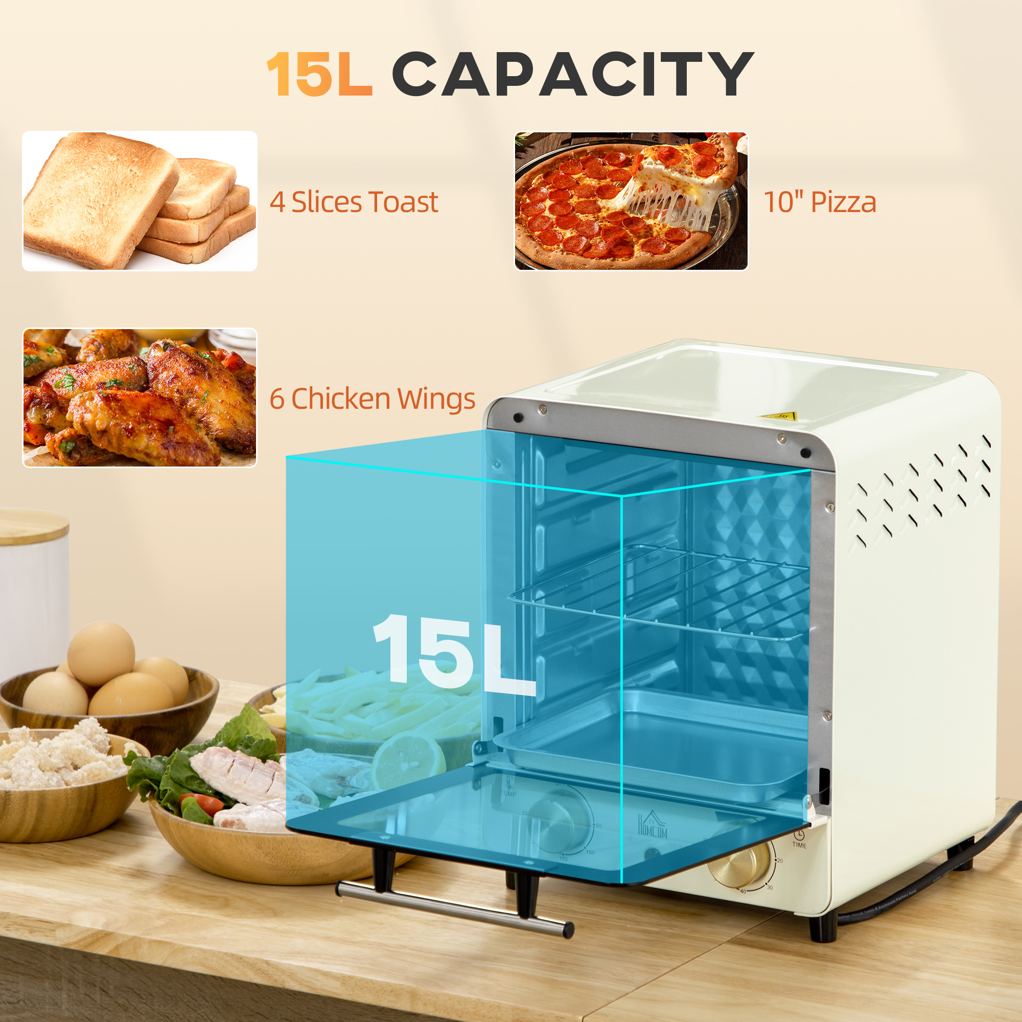 HOMCOM Convection Mini Oven, 15L Electric Oven & Grill w/ Adjustable Temperature, Timer, Baking Tray, Wire Rack, Crumb Tray, 1000W, Cream White