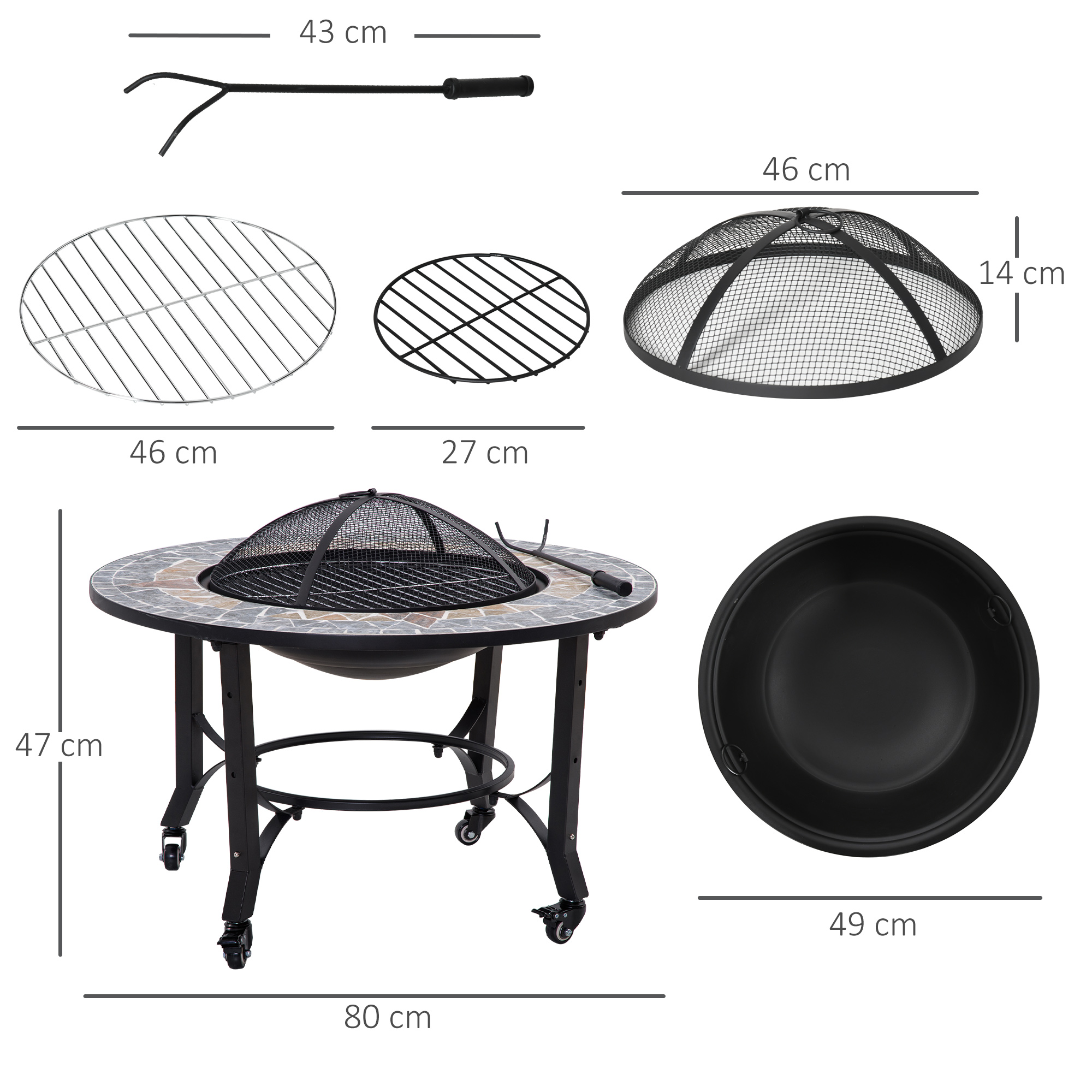 Outsunny 2-in-1 Outdoor Fire Pit on Wheels, Patio Heater with Cooking BBQ Grill, Firepit Bowl with Screen Cover, Fire Poker for Backyard Bonfire