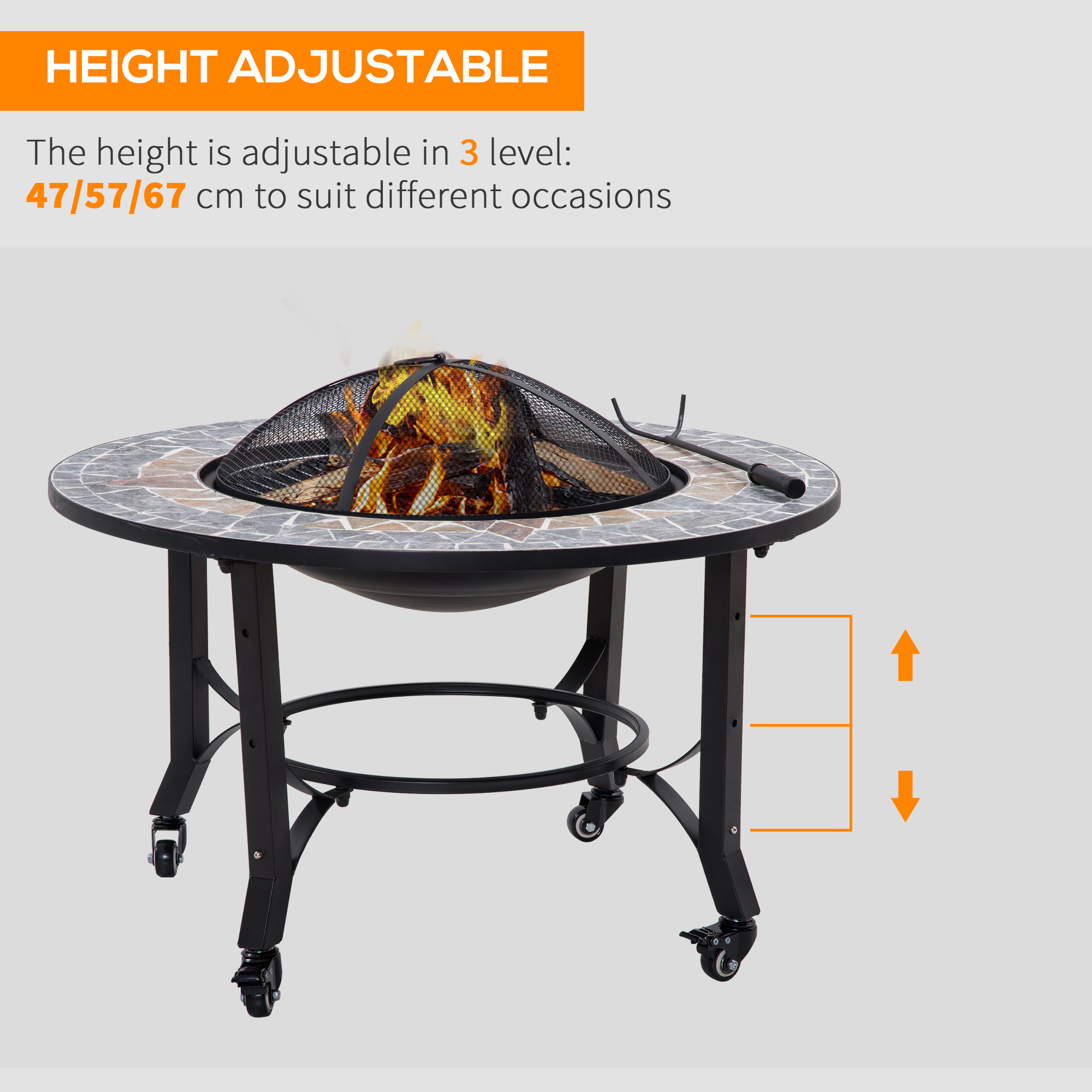 Outsunny 2-in-1 Outdoor Fire Pit on Wheels, Patio Heater with Cooking BBQ Grill, Firepit Bowl with Screen Cover, Fire Poker for Backyard Bonfire