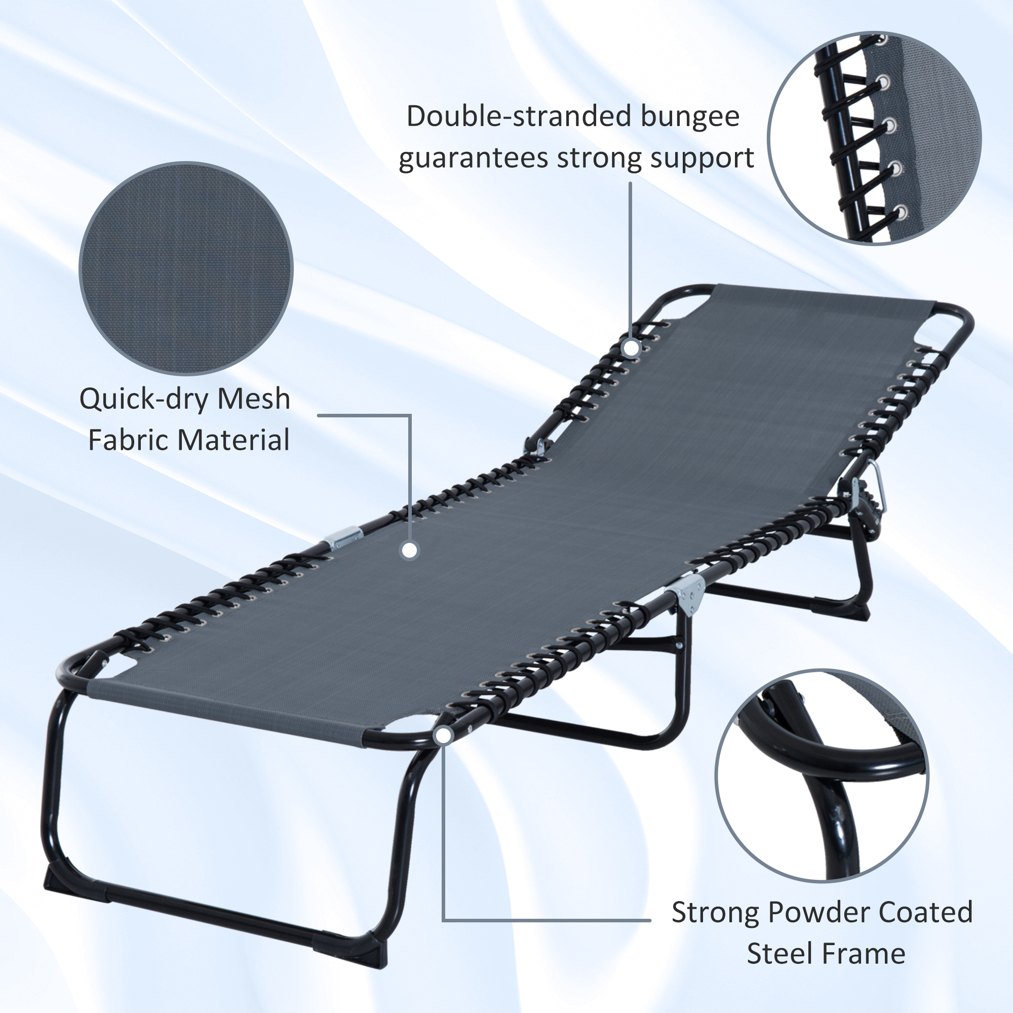 Outsunny Beach Chaise Chair, Folding Sun Lounger, Garden Reclining Cot, Camping Hiking Recliner with 4 Position Adjustable Back, Grey