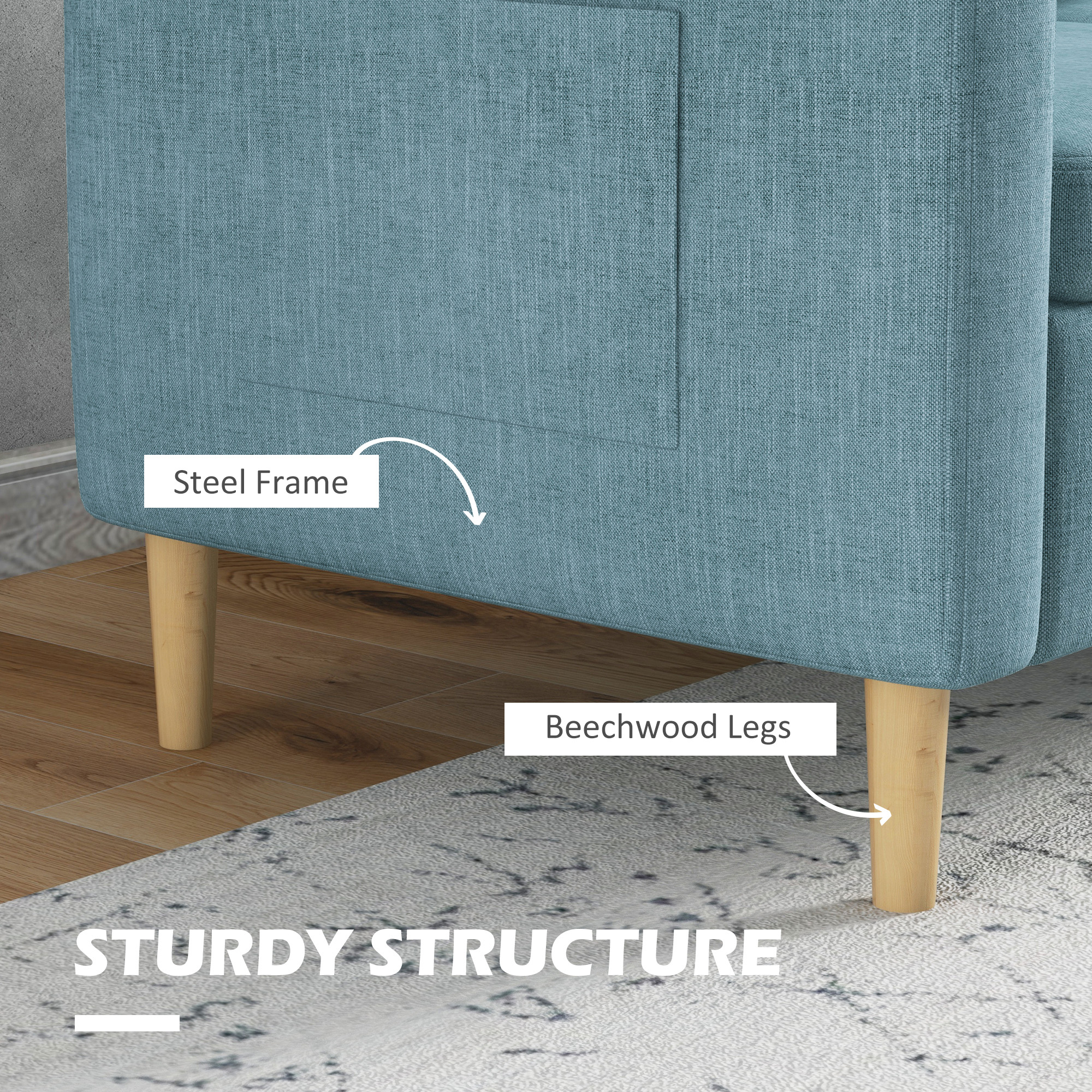 HOMCOM 143cm 2 Seater Sofa for Living Room, Modern Fabric Couch, Loveseat Sofa Settee with Wood Legs and 2 Pockets for Bedroom and Home Office, Blue