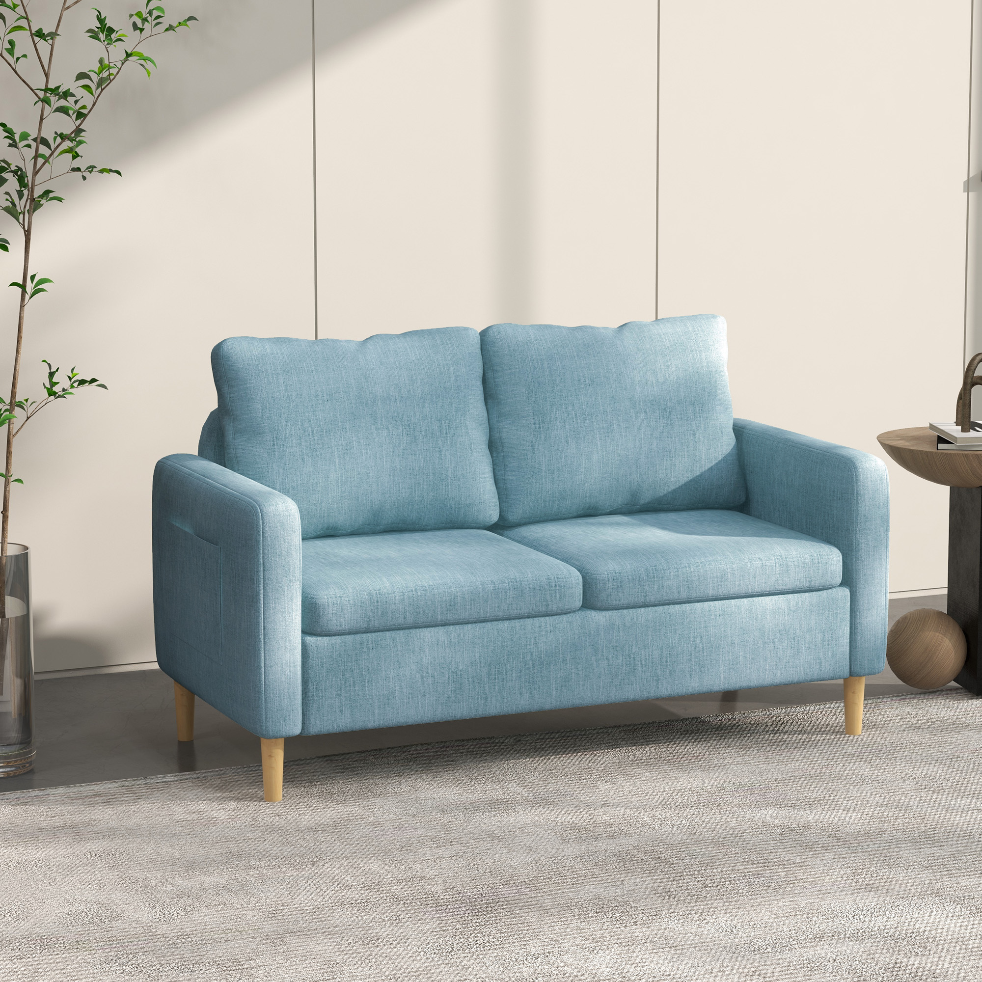 HOMCOM 143cm 2 Seater Sofa for Living Room, Modern Fabric Couch, Loveseat Sofa Settee with Wood Legs and 2 Pockets for Bedroom and Home Office, Blue