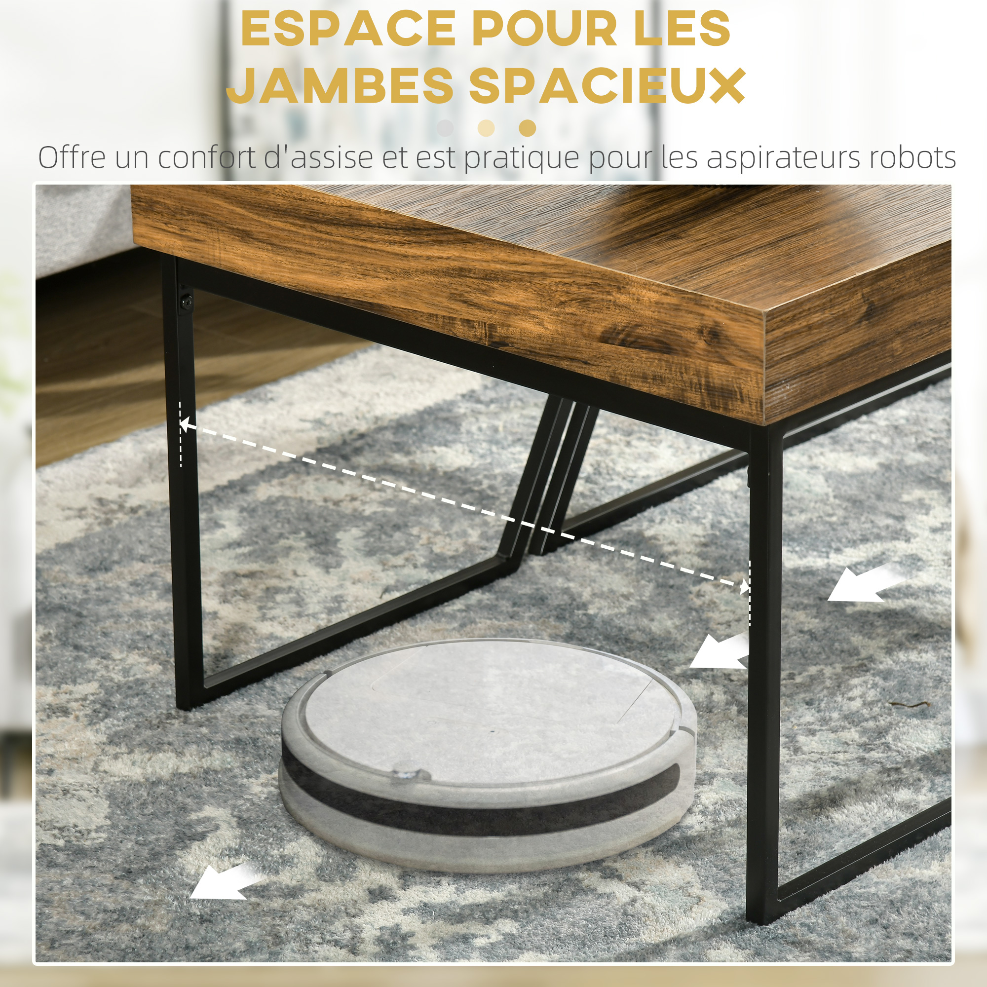 Lot de 2 tables basses gigognes modernes, structure en métal doré