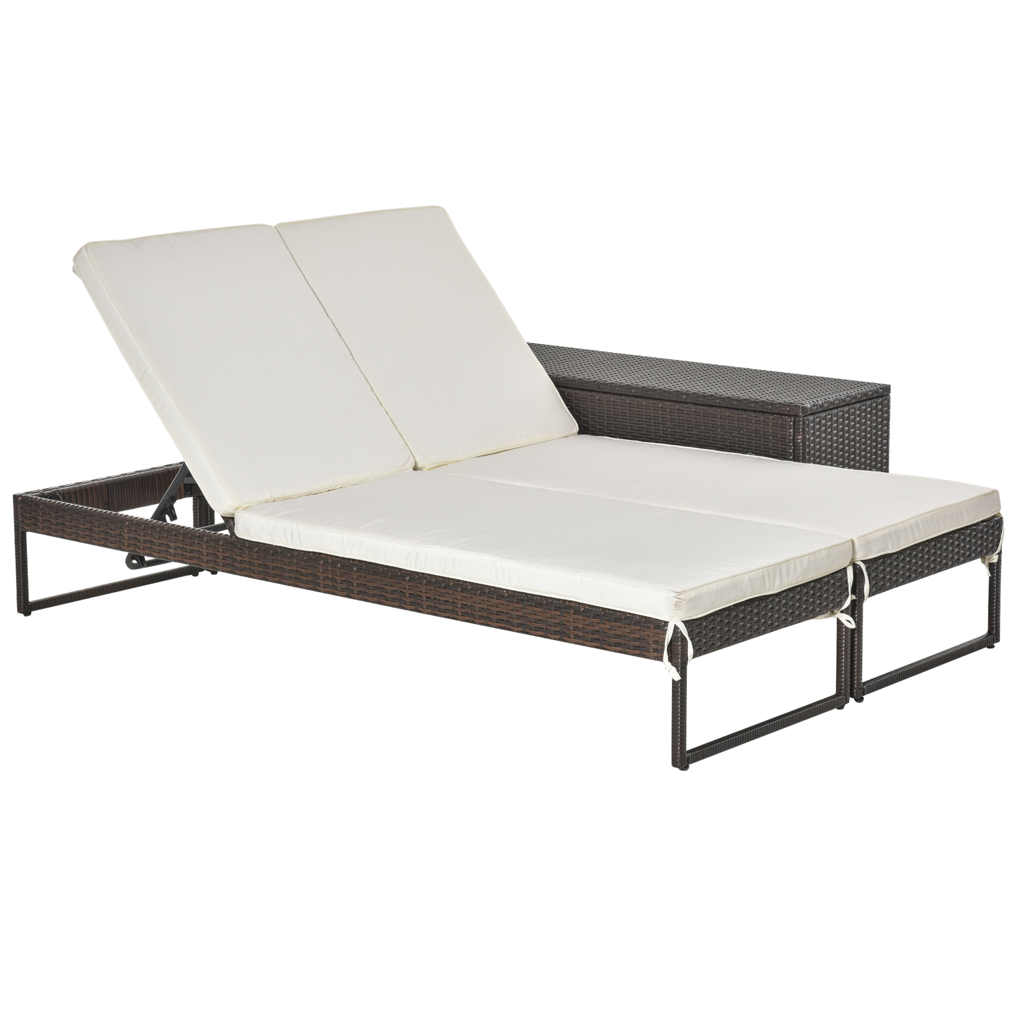 Outsunny Conjunto de 2 Tumbonas de Jardín con Cojines Acolchados Ratán con Mesa Auxiliar para Piscina o Terraza Carga 160kg 195x60x86 cm Acero Marrón