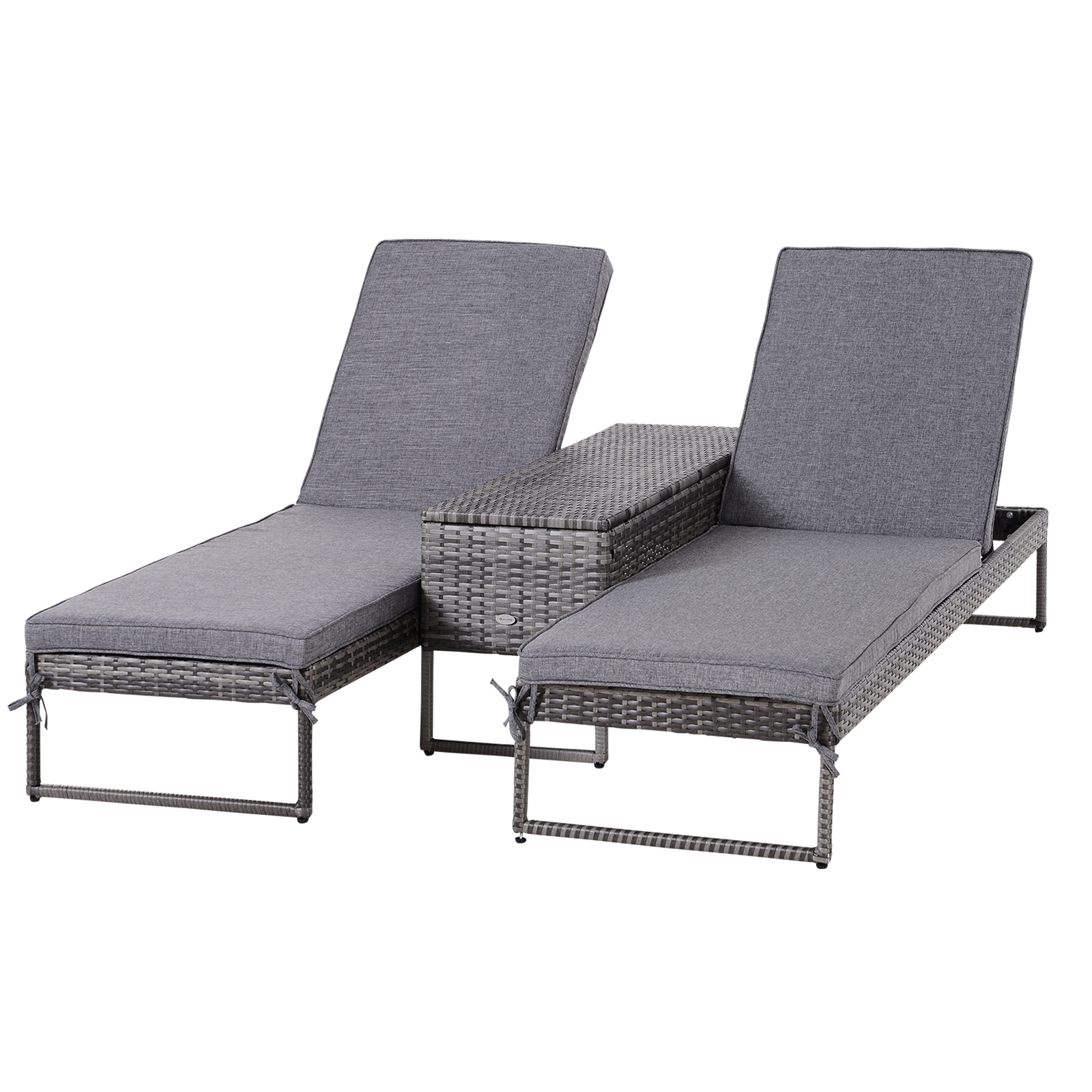 Outsunny Conjunto de 2 Tumbonas de Jardín con Cojines Acolchados Ratán con Mesa Auxiliar para Piscina o Terraza Carga 160kg 195x60x86 cm | Aosom