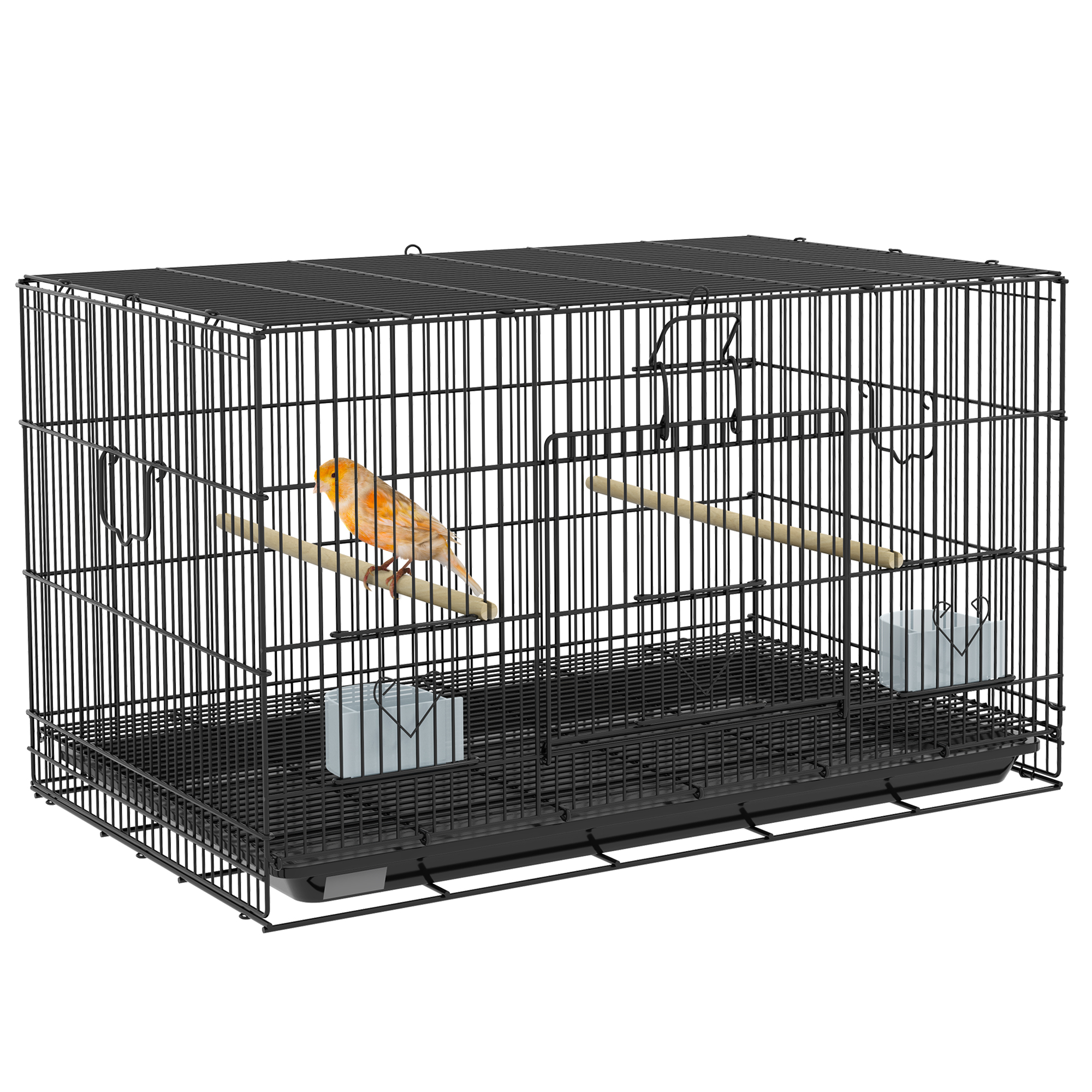 PawHut Jaula para Pájaros 77x46x45 cm Jaula Metálica para Aves con Bandeja Extraíble 2 Perchas 2 Comederos 2 Perchas Negro