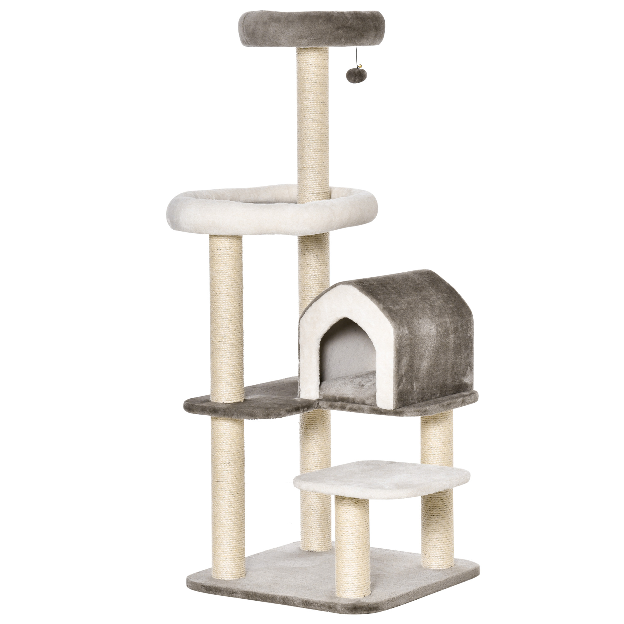 PawHut Árbol Rascador para Gatos Grande Altura 149 cm con Cueva Cama Superior de Felpa Postes y Bola de Juguete 60x60x149 cm Marrón y Beige|AOSOM ES