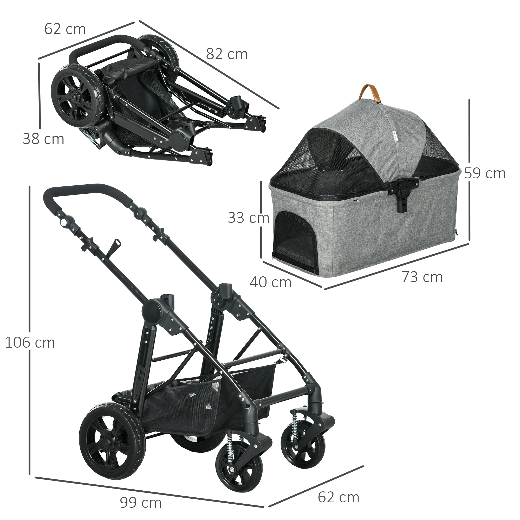 PawHut 2-In-1 Design No-Zip Pet Stroller Detachable Bag Travel Trolley with Shock-absorbing System Brake Basket Adjustable Handlebar Safety Leash Grey