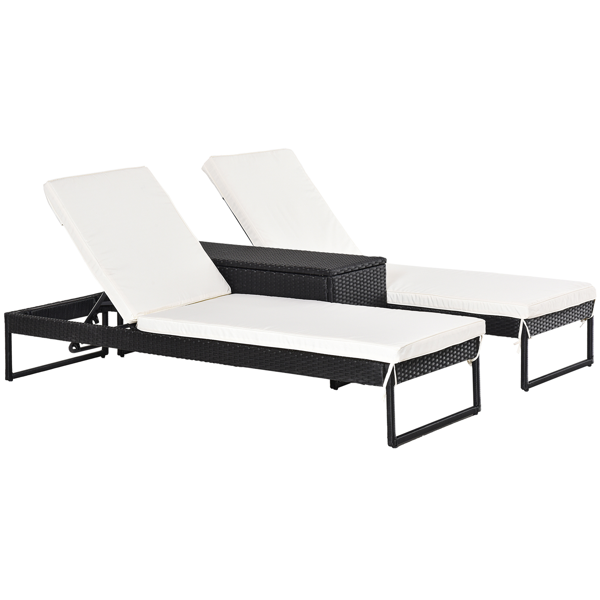 Outsunny Conjunto de 2 Tumbonas de Jardín con Cojines Acolchados Ratán con Mesa Auxiliar Carga 160kg 195x60x86 cm | Aosom